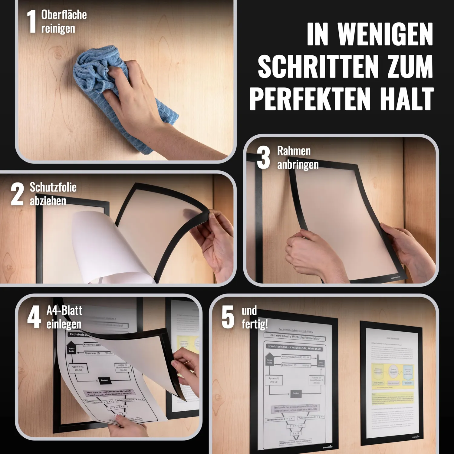 Poppstar Magnetrahmen A4 selbstklebend schwarz 5 Stück