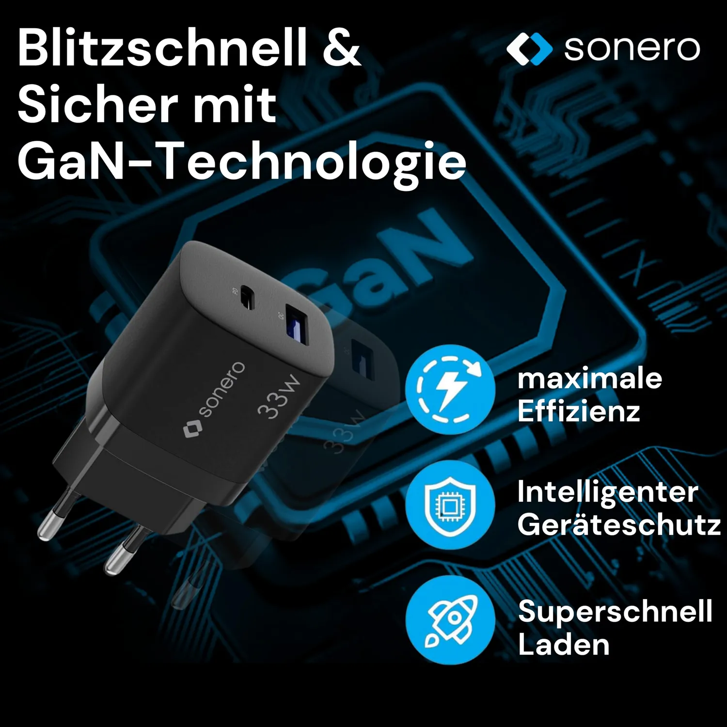 Sonero GaN USB-C Ladegerät 33W Netzteil schwarz 2-Port