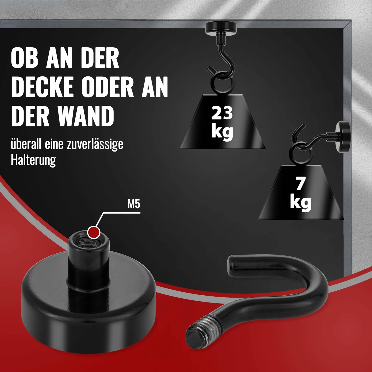 Poppstar Magnethaken schwarz extra stark 23kg 5 Stück Neodym