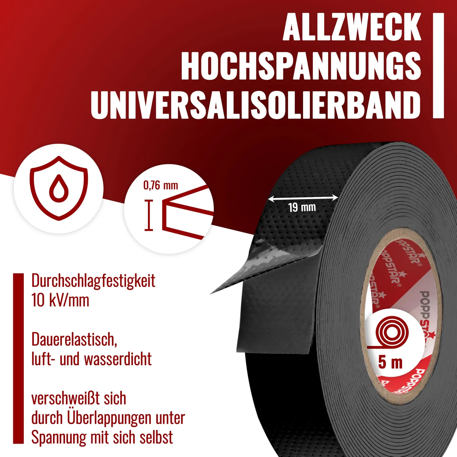 Poppstar Isolierband selbstverschweißend 5m schwarz
