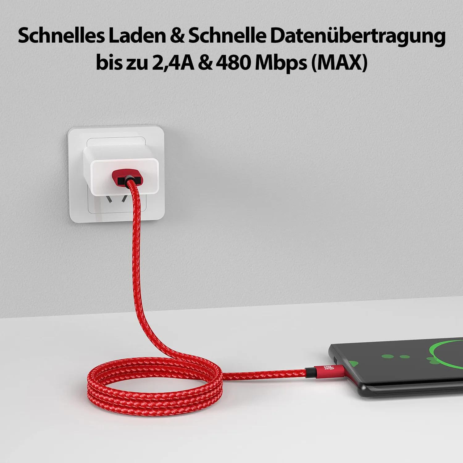 JAMEGA Premium Micro USB Kabel 0,5-3 m 4er Set rot