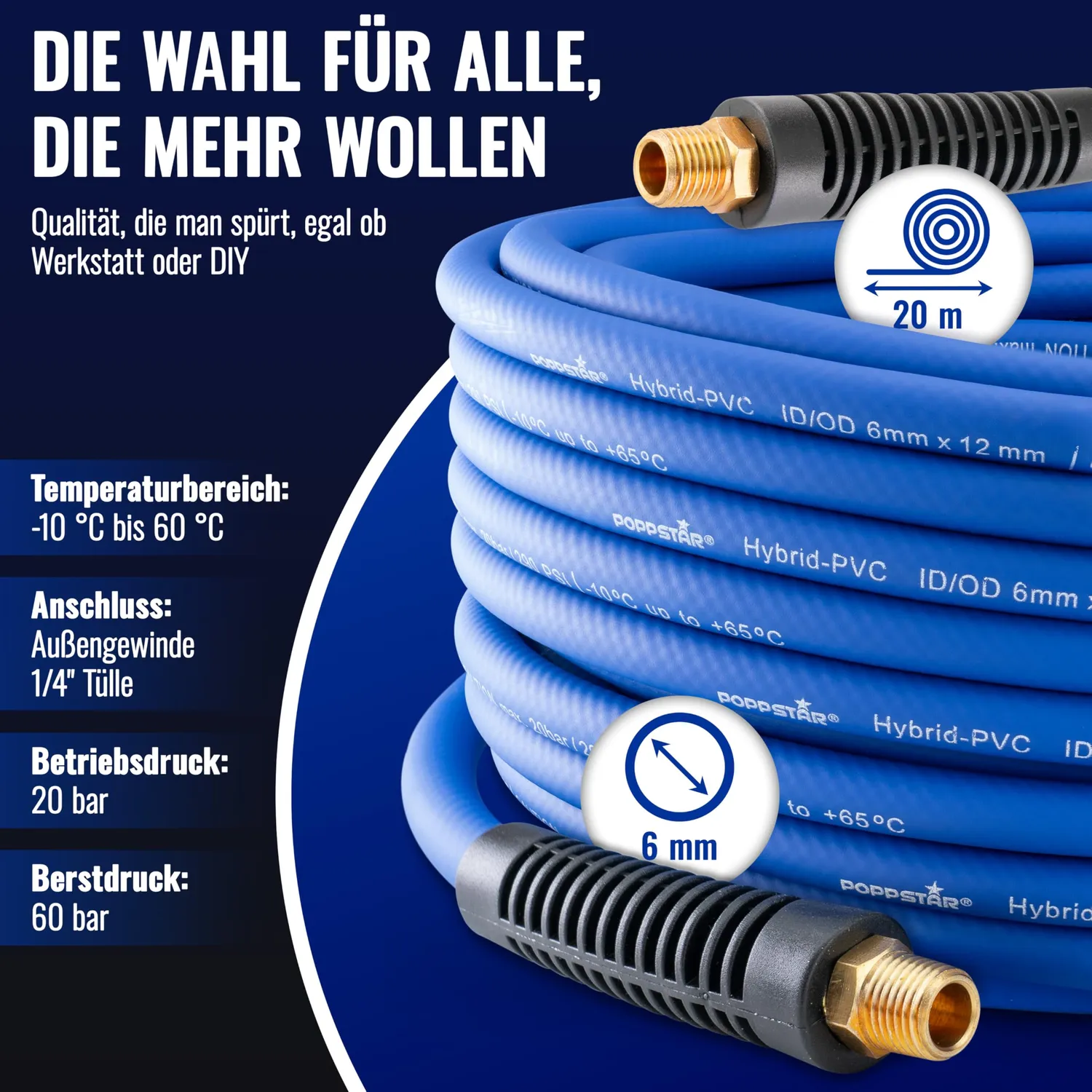 Poppstar Druckluftschlauch Hybrid 20m Blau 20bar