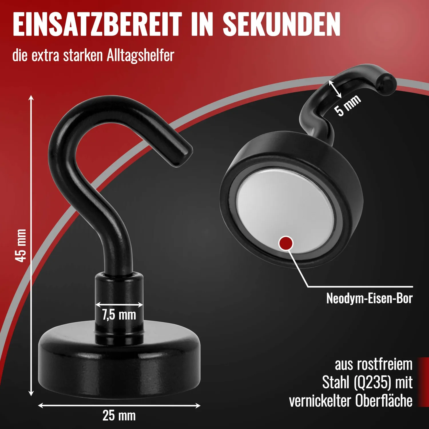 Poppstar Magnethaken schwarz extra stark 23kg 5 Stück Neodym