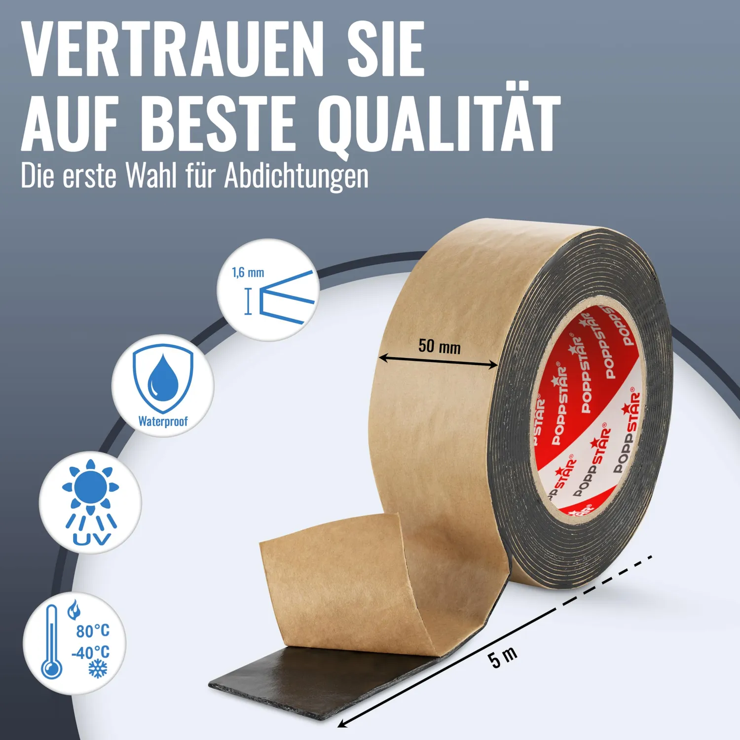 Poppstar Butyl Klebeband doppelseitig 5m x 50mm schwarz