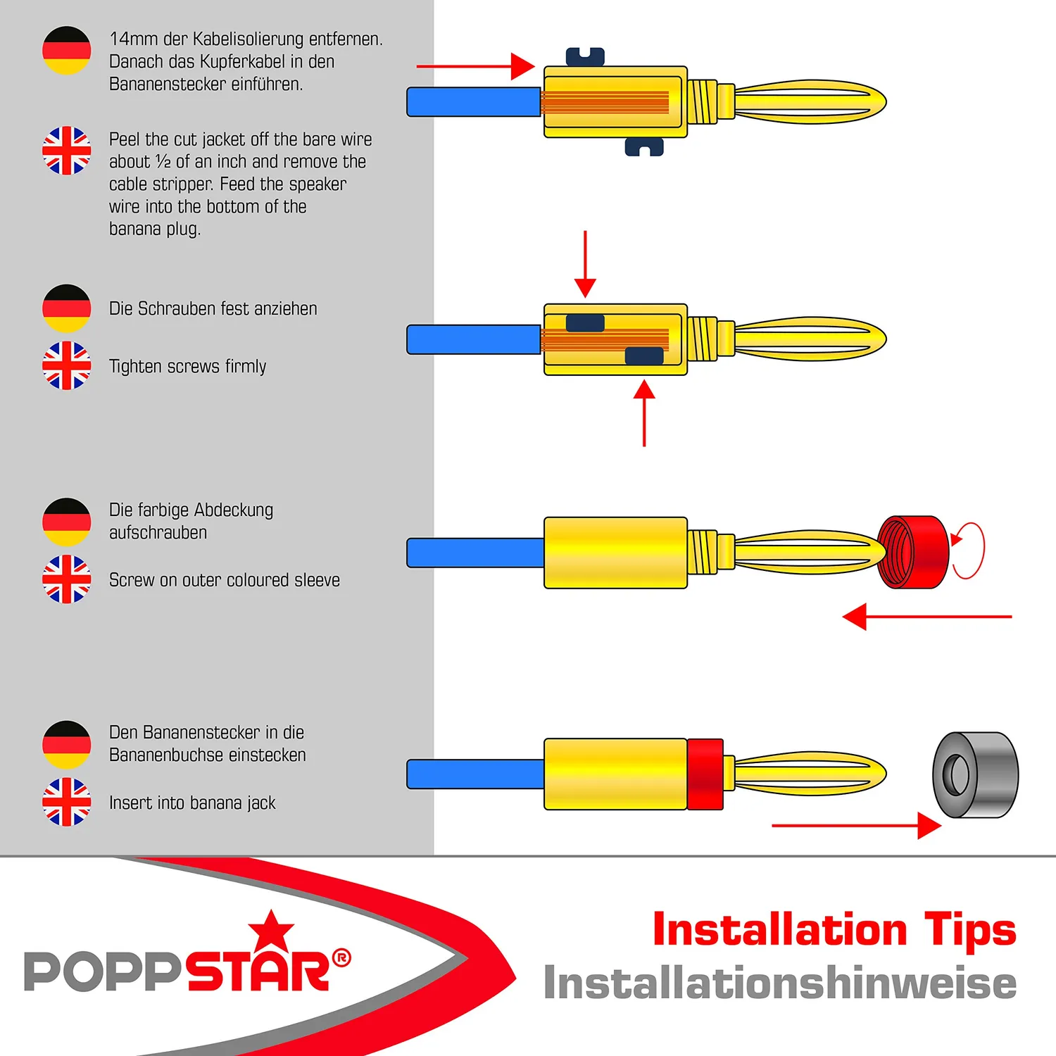 Poppstar High End Bananenstecker 4mm² vergoldet 4 Stück