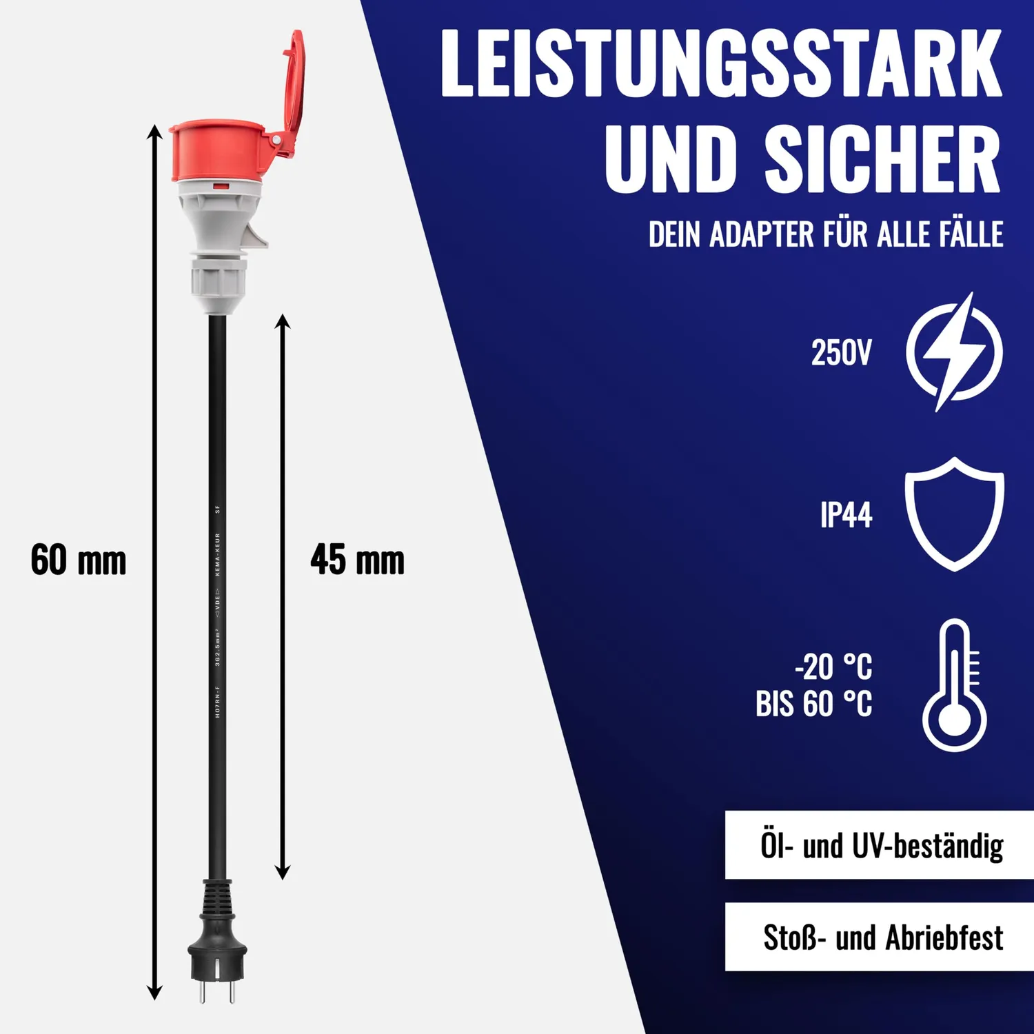 Poppstar CEE-Adapter 45cm Schuko-Stecker auf CEE-Kupplung 16A IP44