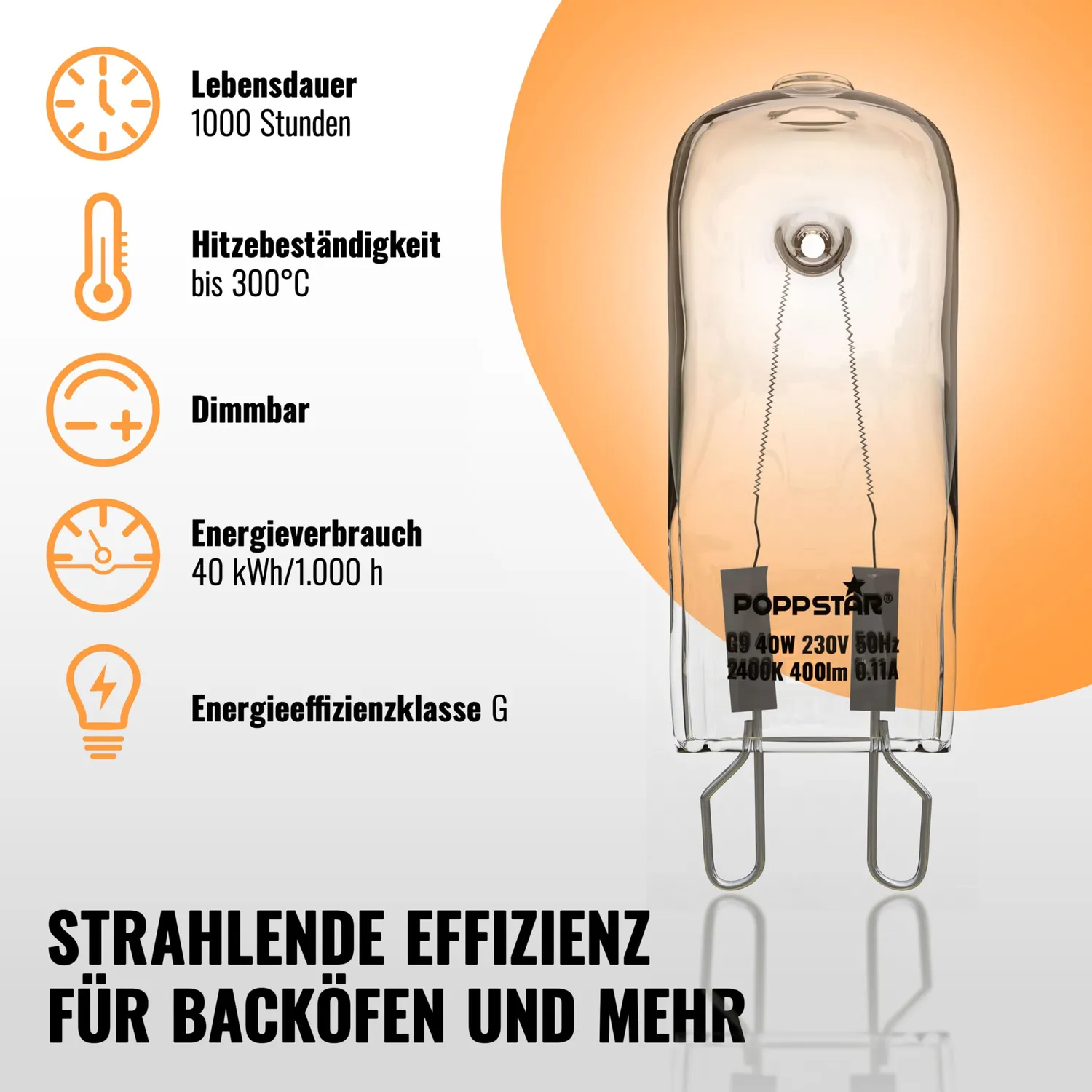 Poppstar Backofenlampe G9 40W 4er-Pack warmweiß 300°C