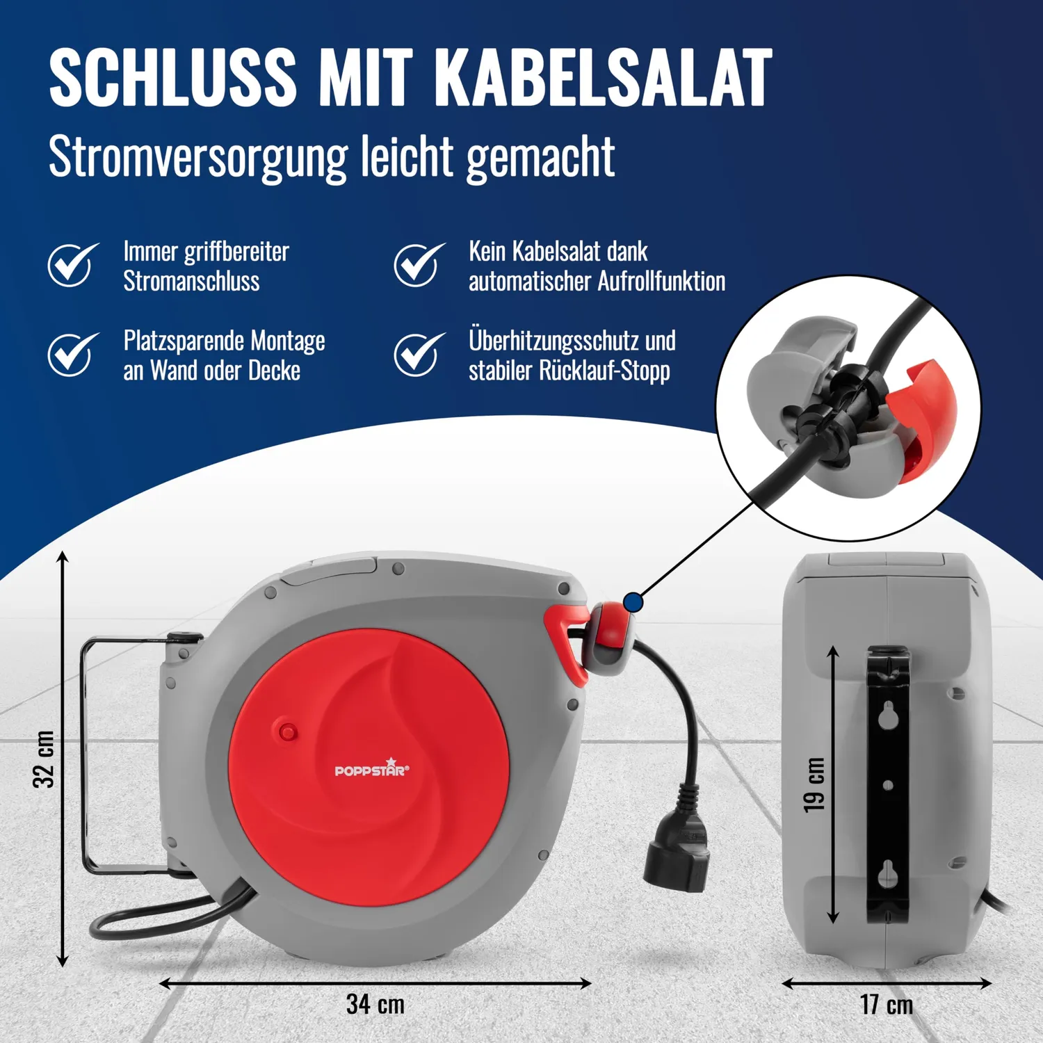Poppstar Automatischer Kabelaufroller Kabeltrommel 15m+1,5m 2500W