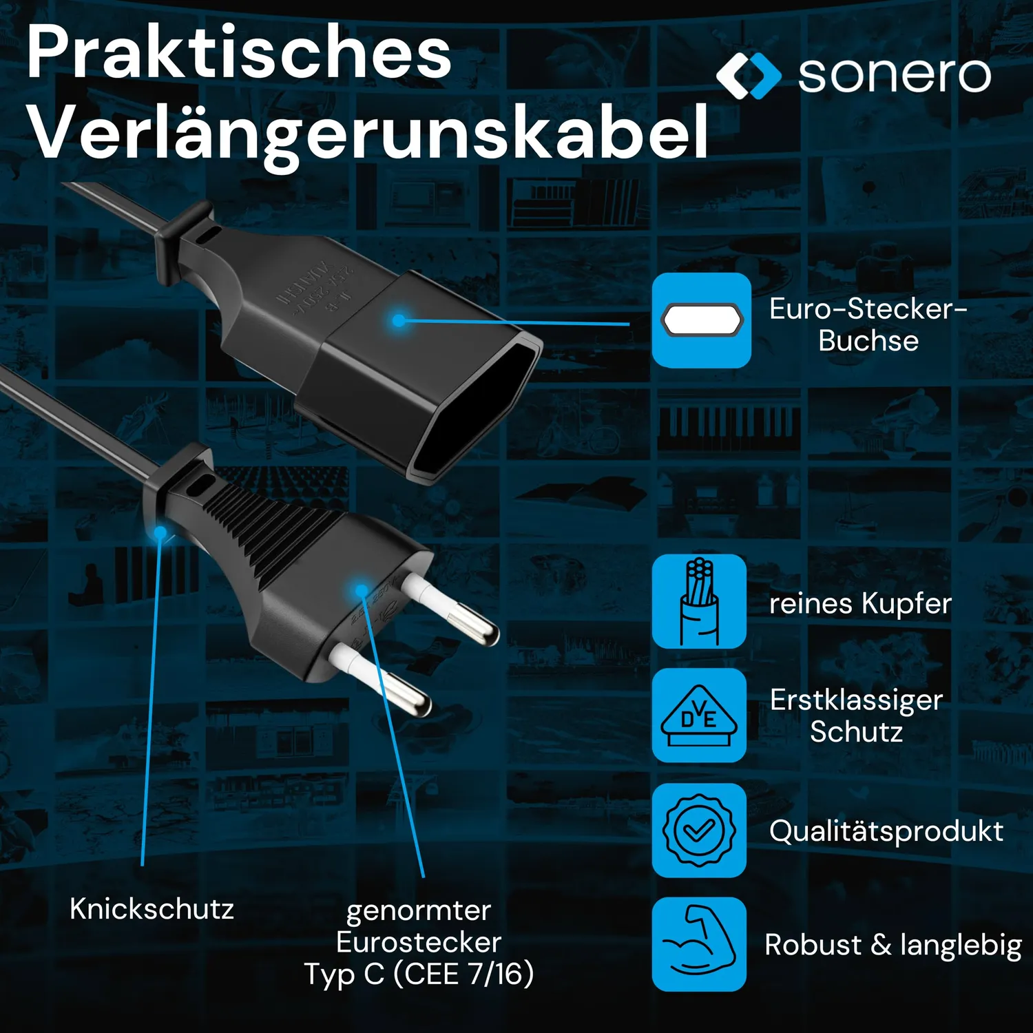 Sonero X-ESG-ESB-030B Euro Netzkabel 3m schwarz Verlängerung
