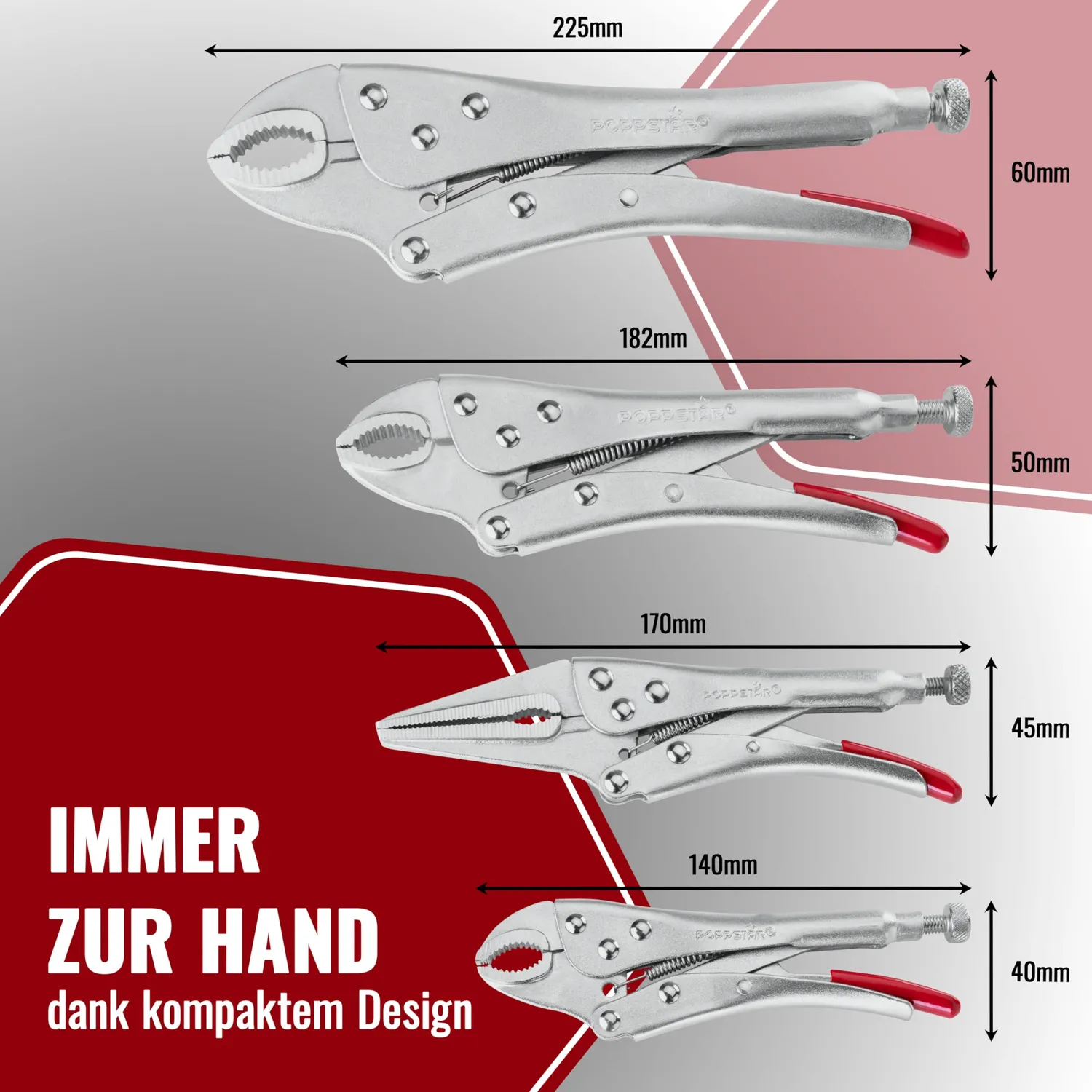Poppstar Gripzangenset 4-teilig 225/182/140/170 mm