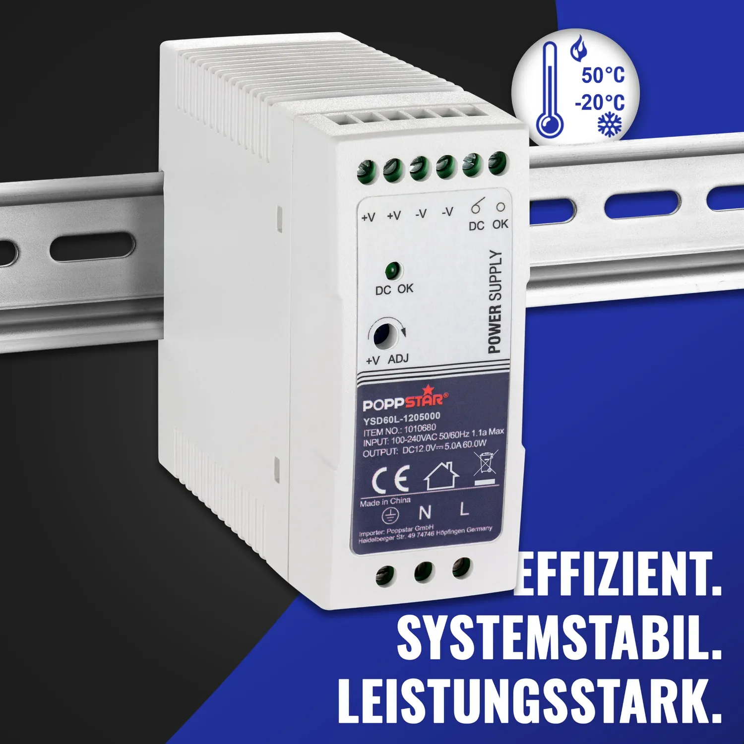 Poppstar Ultra-Slim P-60-12 Hutschienennetzteil 12V 60W 5A