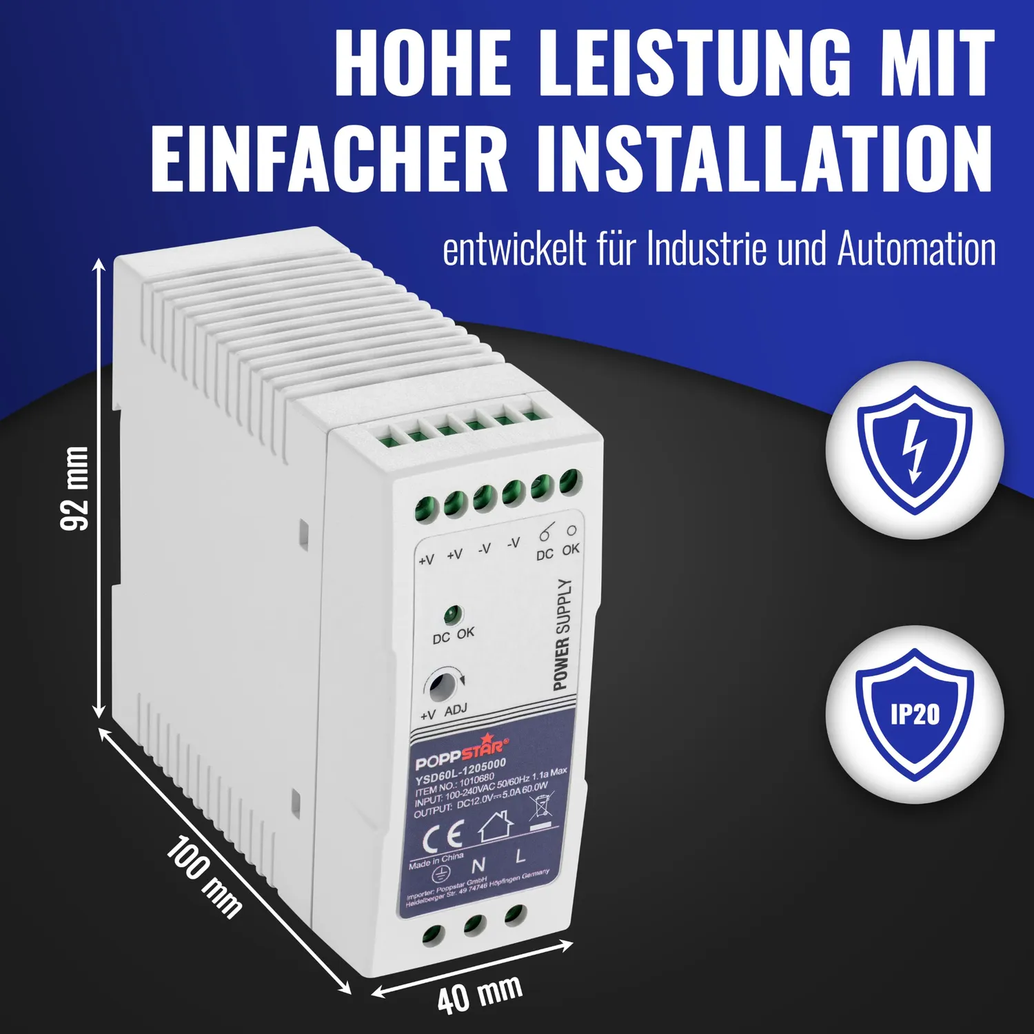 Poppstar Ultra-Slim P-60-12 Hutschienennetzteil 12V 60W 5A