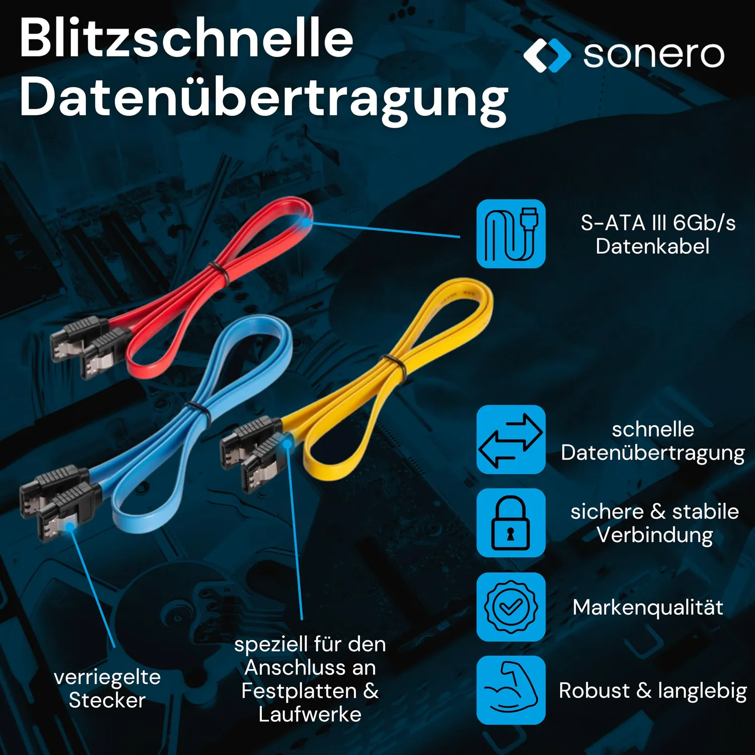 Sonero SATA III Kabel Set 3x0,5m 6Gb/s rot gelb blau