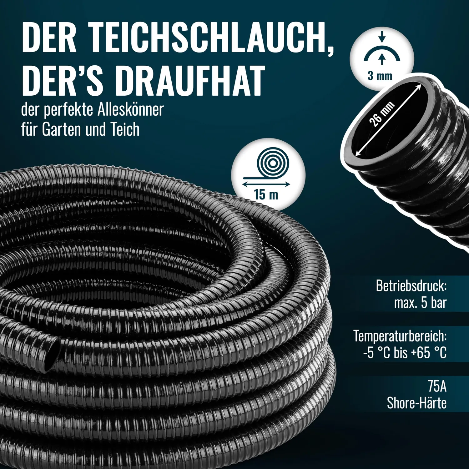 Poppstar Teichschlauch 25mm 15m 1 Zoll schwarz 5 bar
