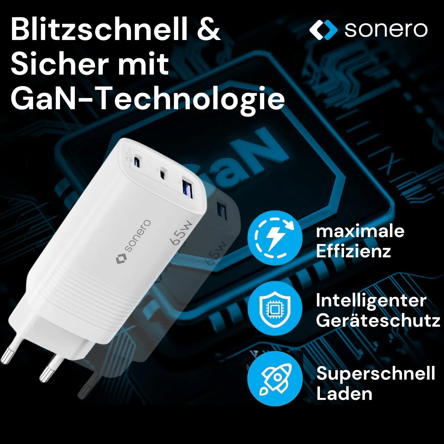 Sonero GaN USB-C Ladegerät 65 Watt 3-Port weiß
