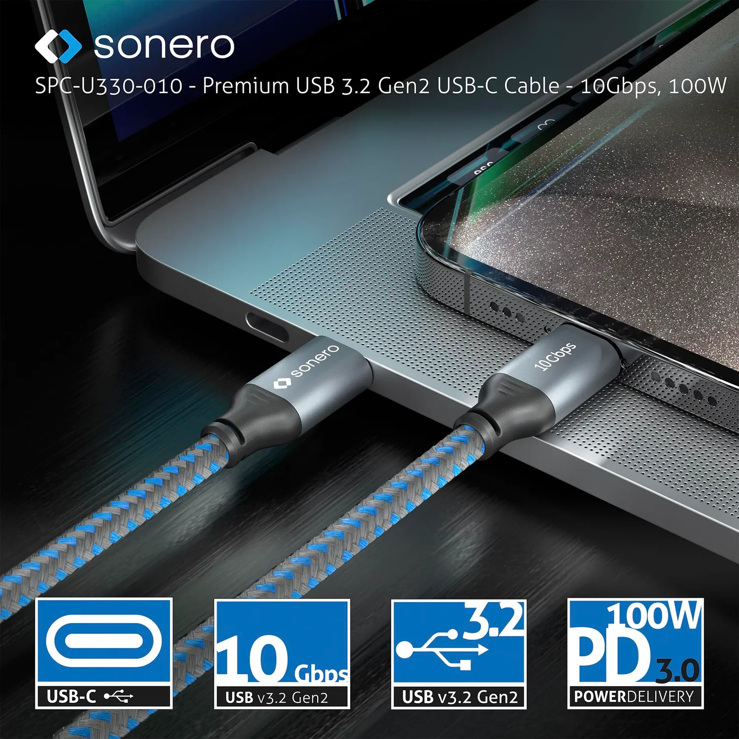 Sonero SPC-U330-010 USB-C Kabel 1m 100W grau/blau