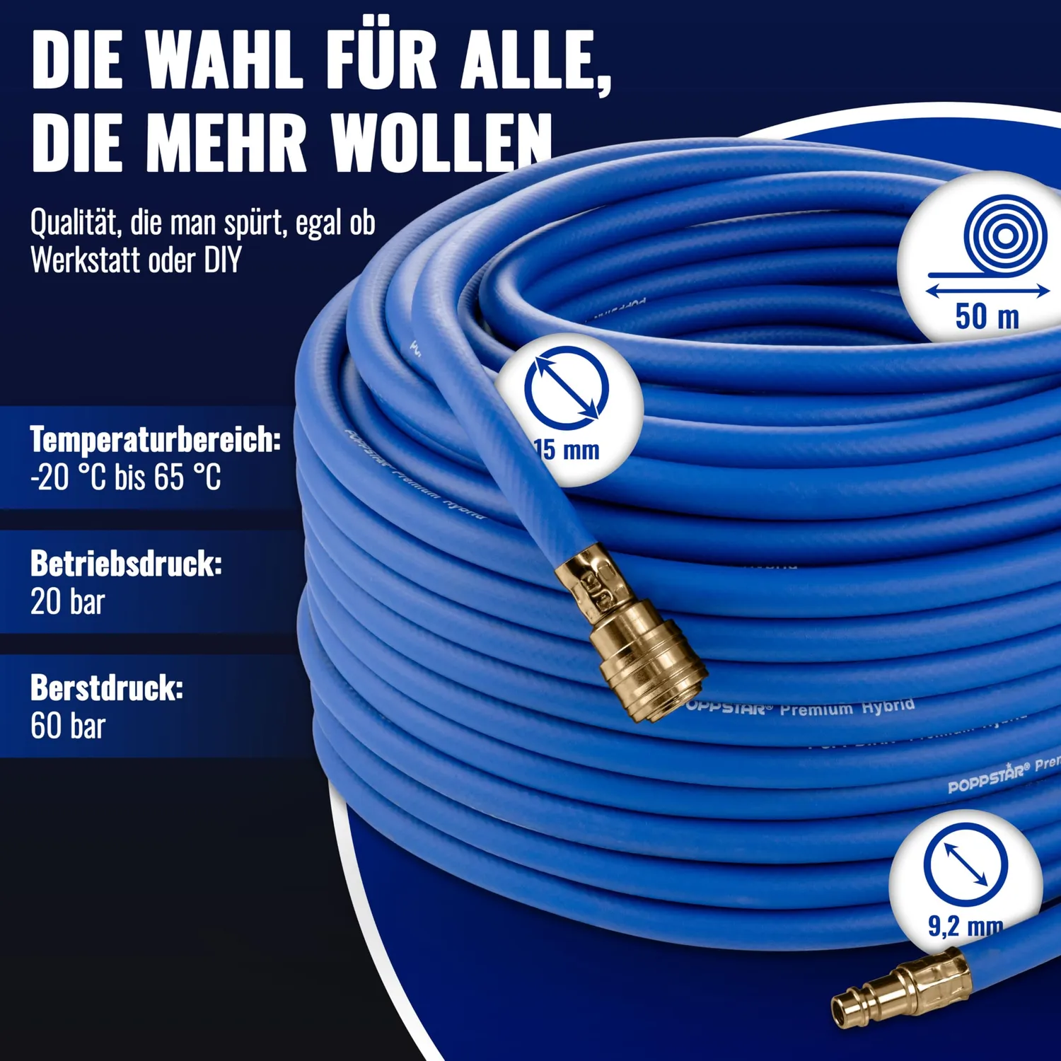 Poppstar Druckluftschlauch 50m NW 7,2 Luftschlauch blau 20bar
