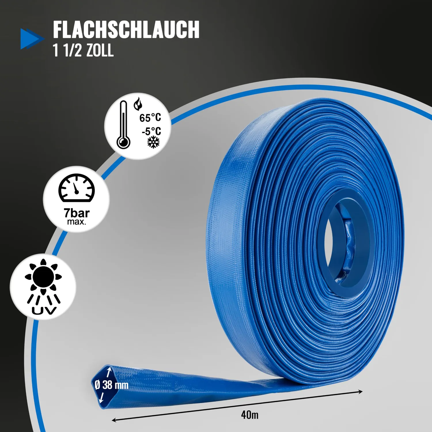 Poppstar PVC Flachschlauch 40m 38mm Blau 7 bar