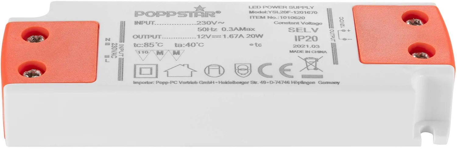 Poppstar Slim LED Trafo 12V 20W 1,66A flach Netzteil