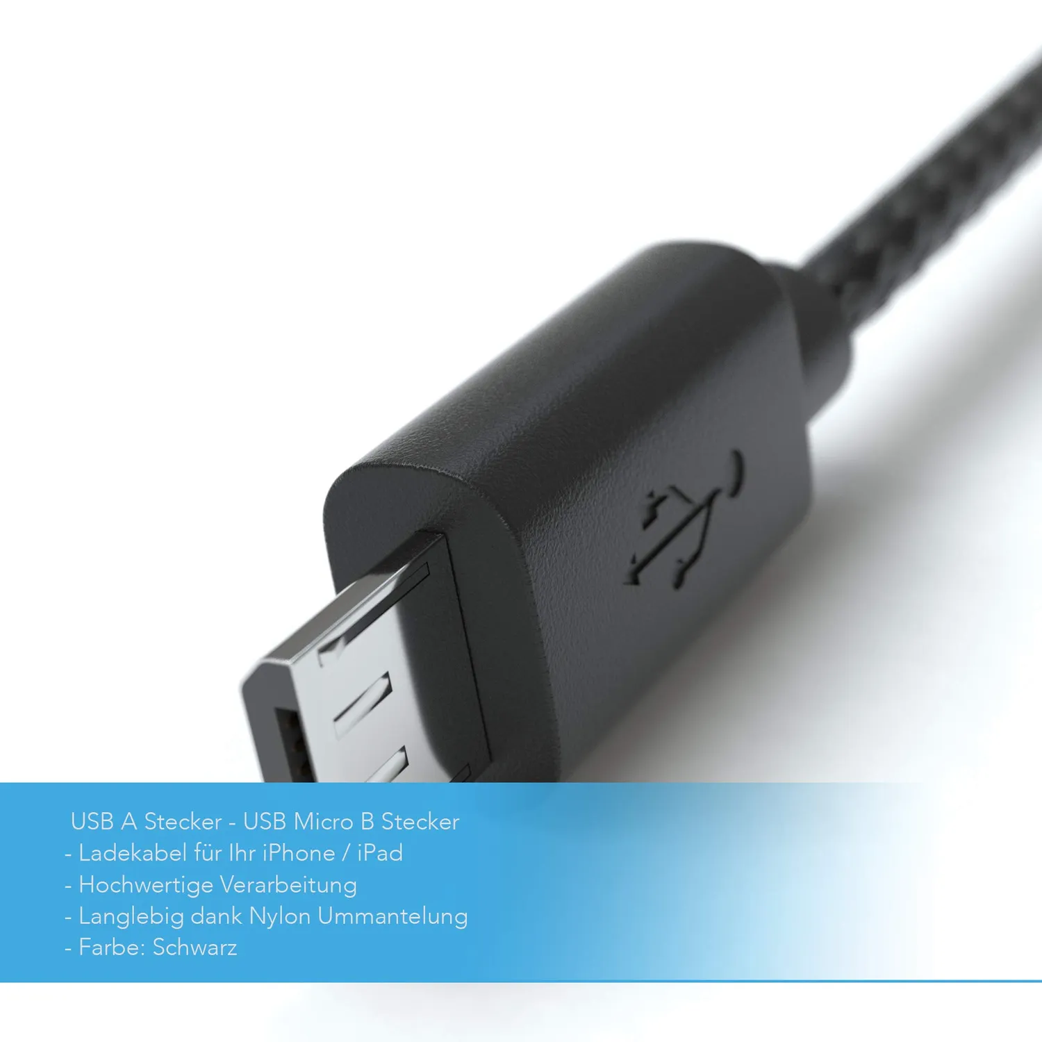 JAMEGA Micro USB Kabel 1m Nylon Ladekabel schwarz 2,4A