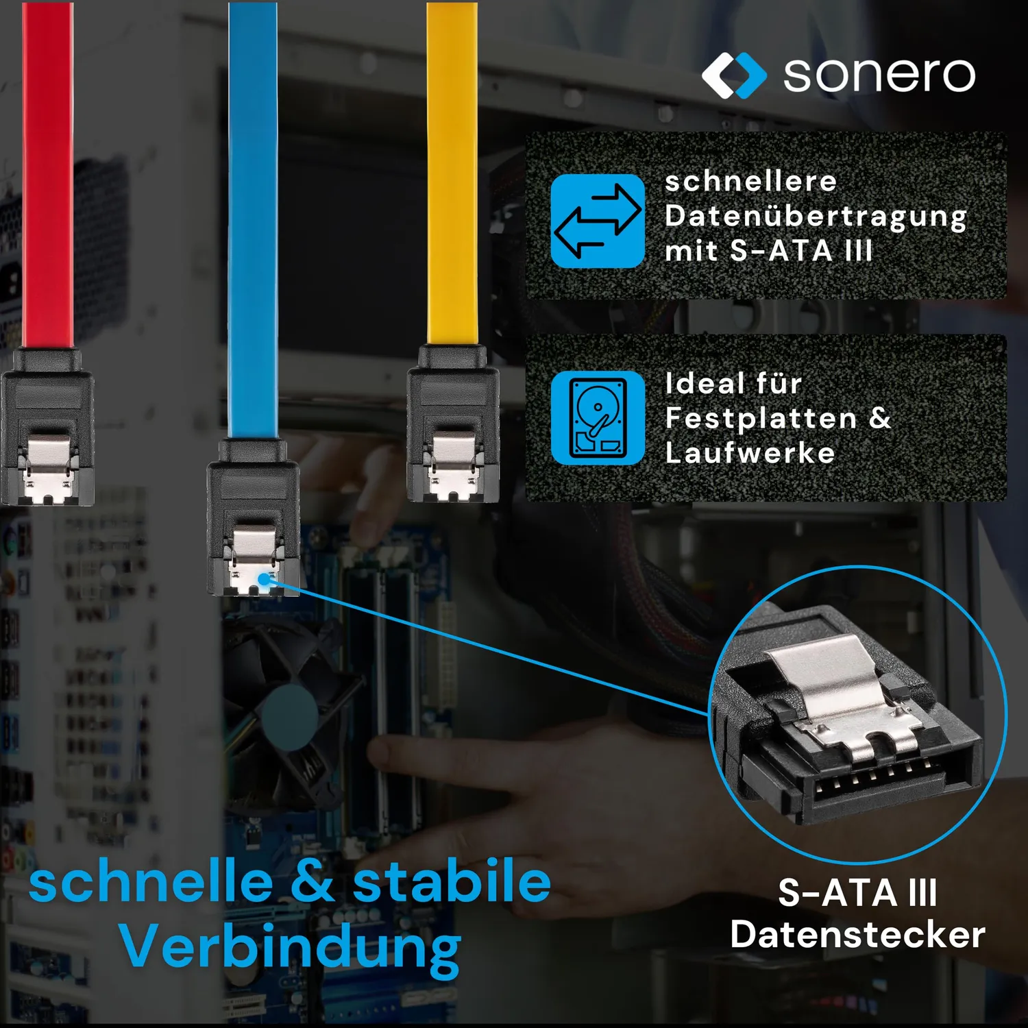 Sonero SATA III Kabel Set 3x0,5m 6Gb/s rot gelb blau
