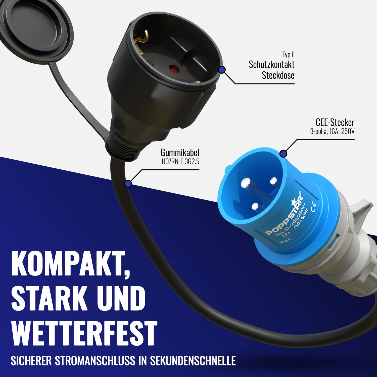 Poppstar CEE Adapter 30cm IP44 Schuko auf CEE