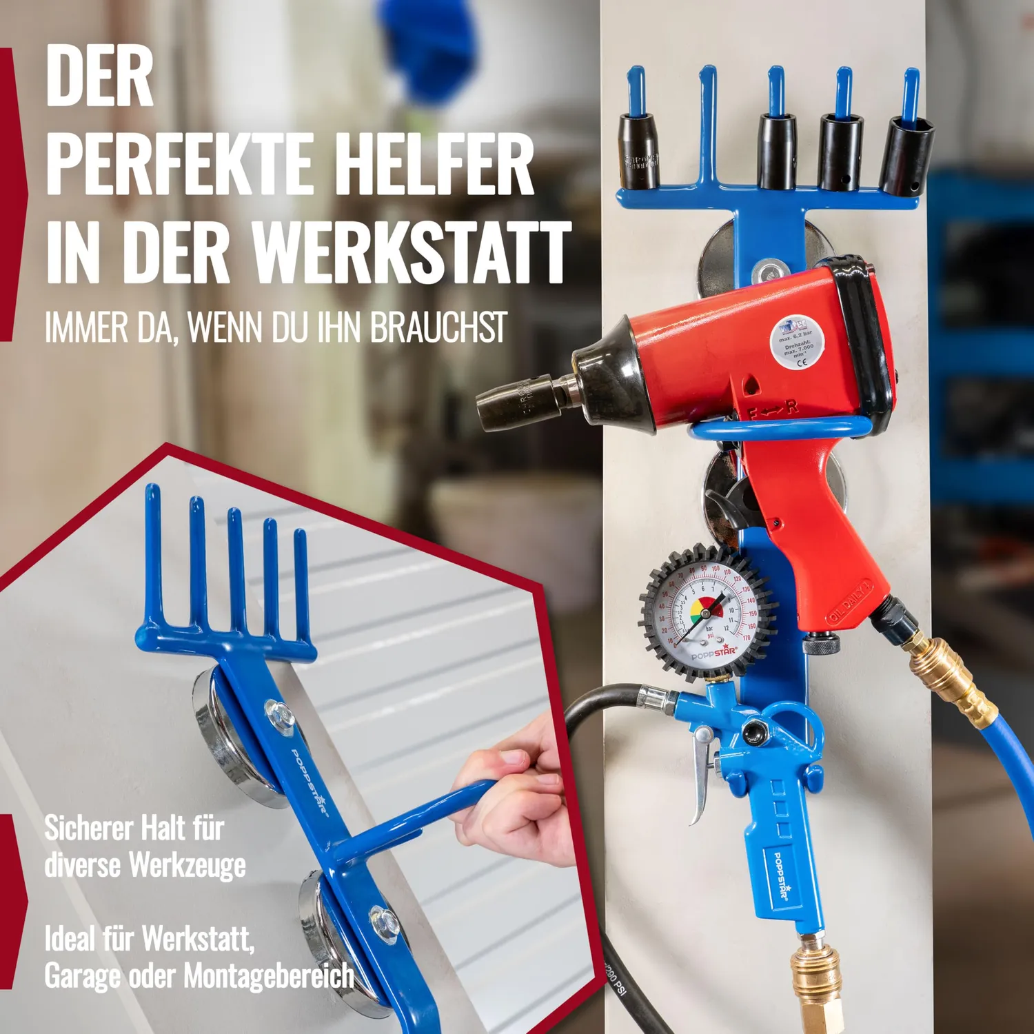 Poppstar Druckluftwerkzeug Halterung magnetisch blau 15 kg