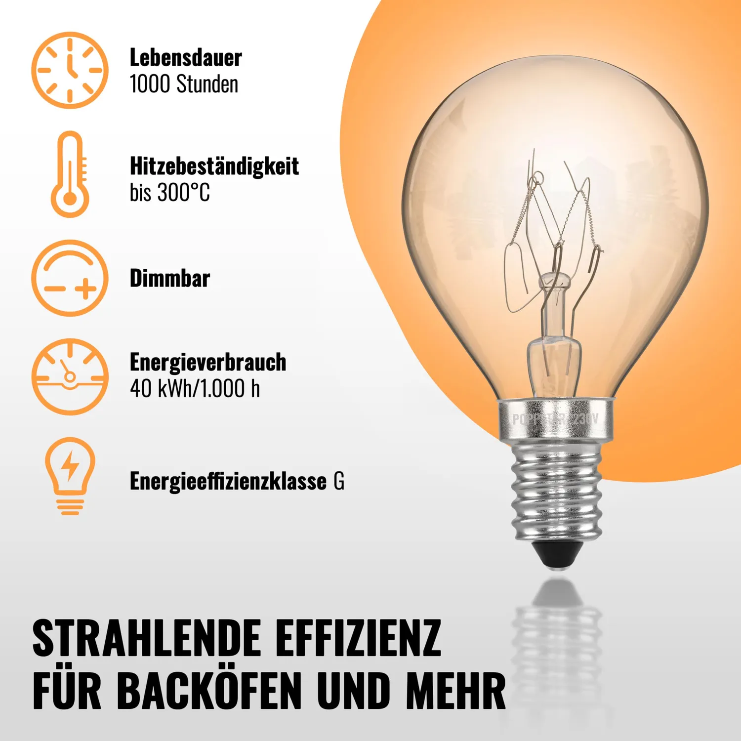 Poppstar Backofenlampe E14 40W 300°C 2er-Pack warmweiß