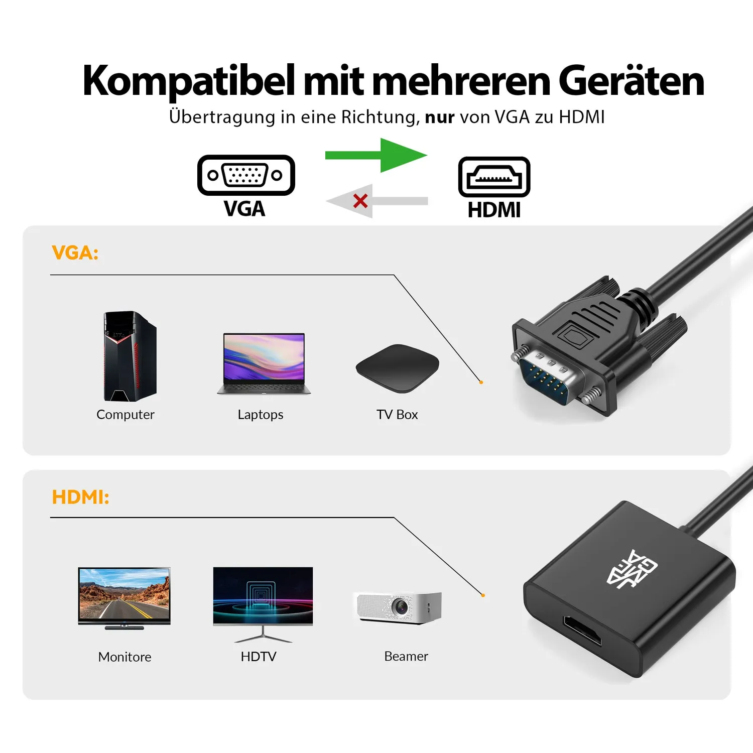 Jamega VGA auf HDMI Adapter 1er Pack mit Audio 1080p