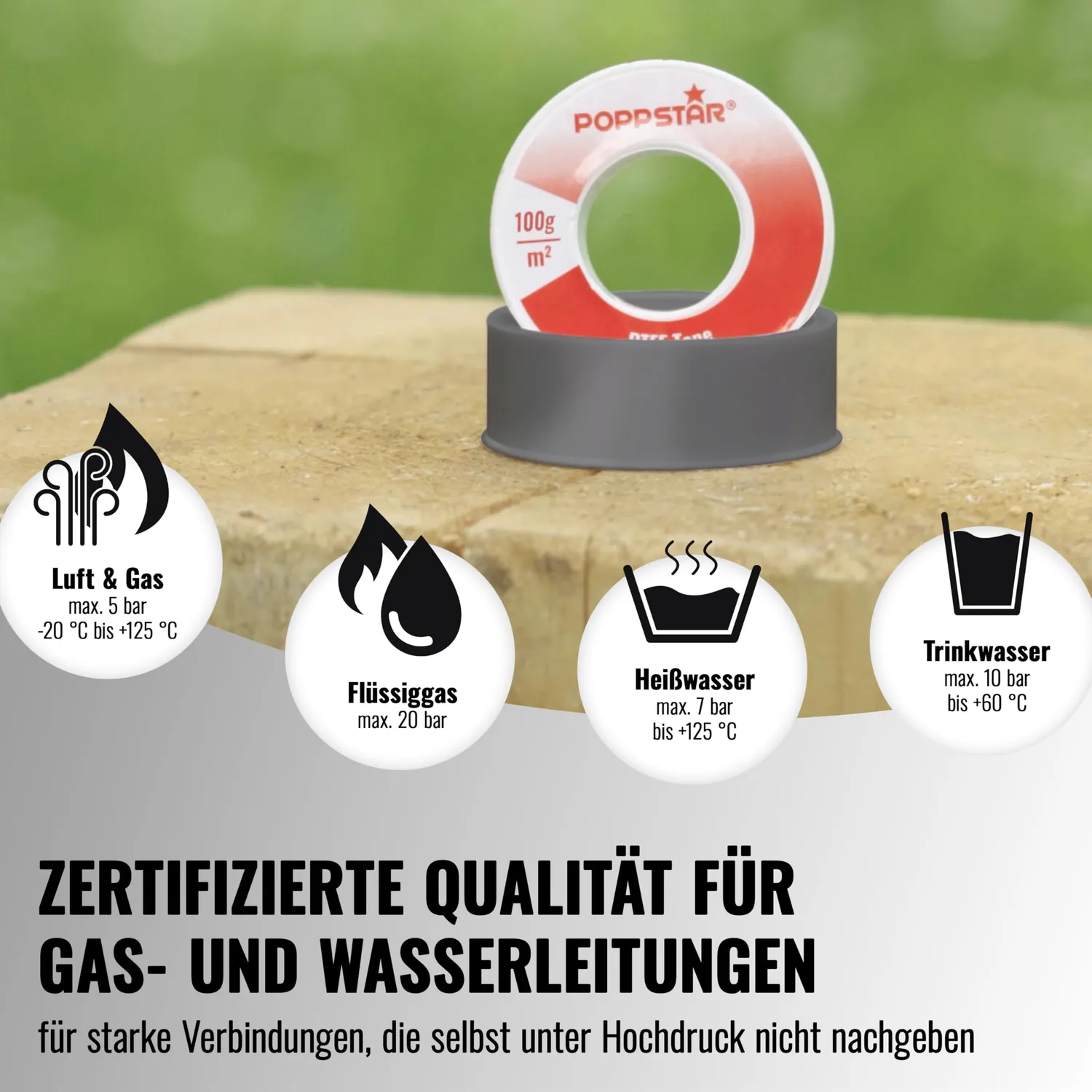 Poppstar Teflonband Grobgewinde 12 m 5 Rollen DVGW