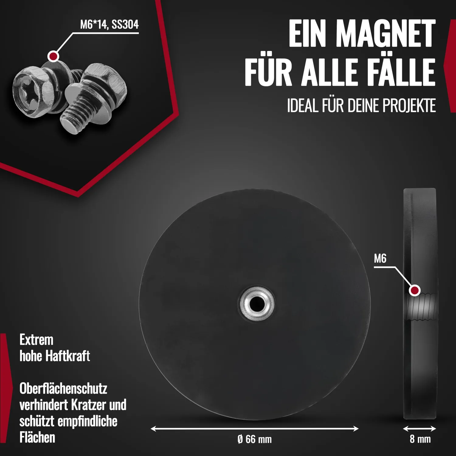 Poppstar Topfmagnet M6 66 mm 20 kg 2 Stück gummiert