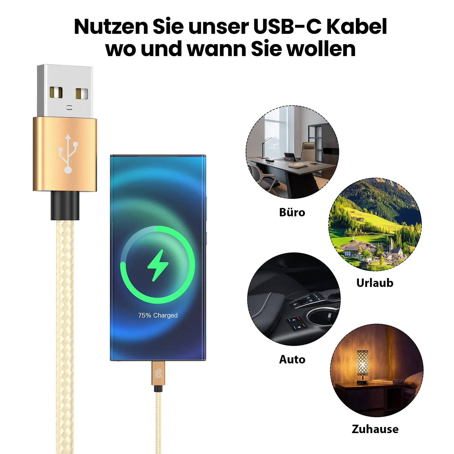 JAMEGA USB-C Ladekabel 0,5m Gold Nylon 3A Fast Charge