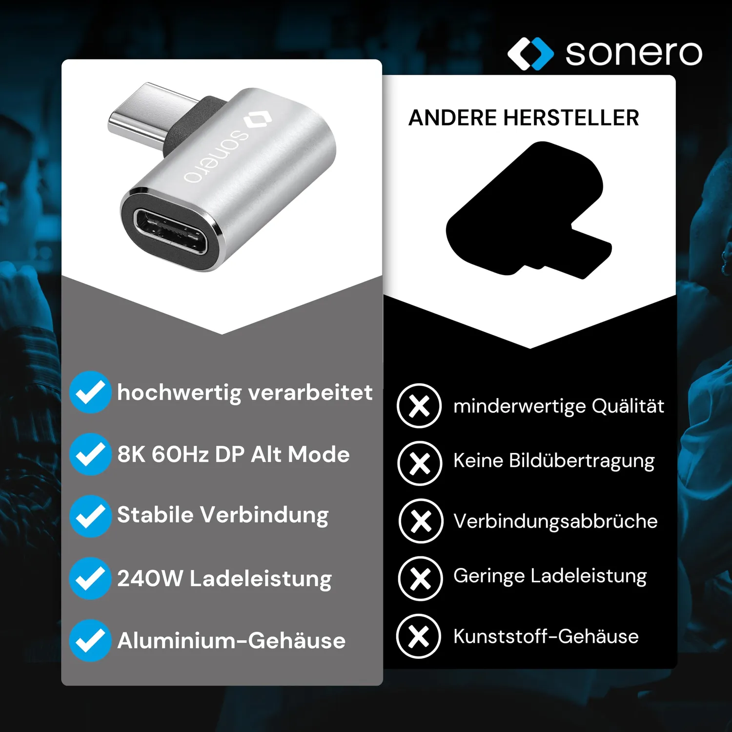Sonero USB-C Winkeladapter 90° 40Gbps 240W silber