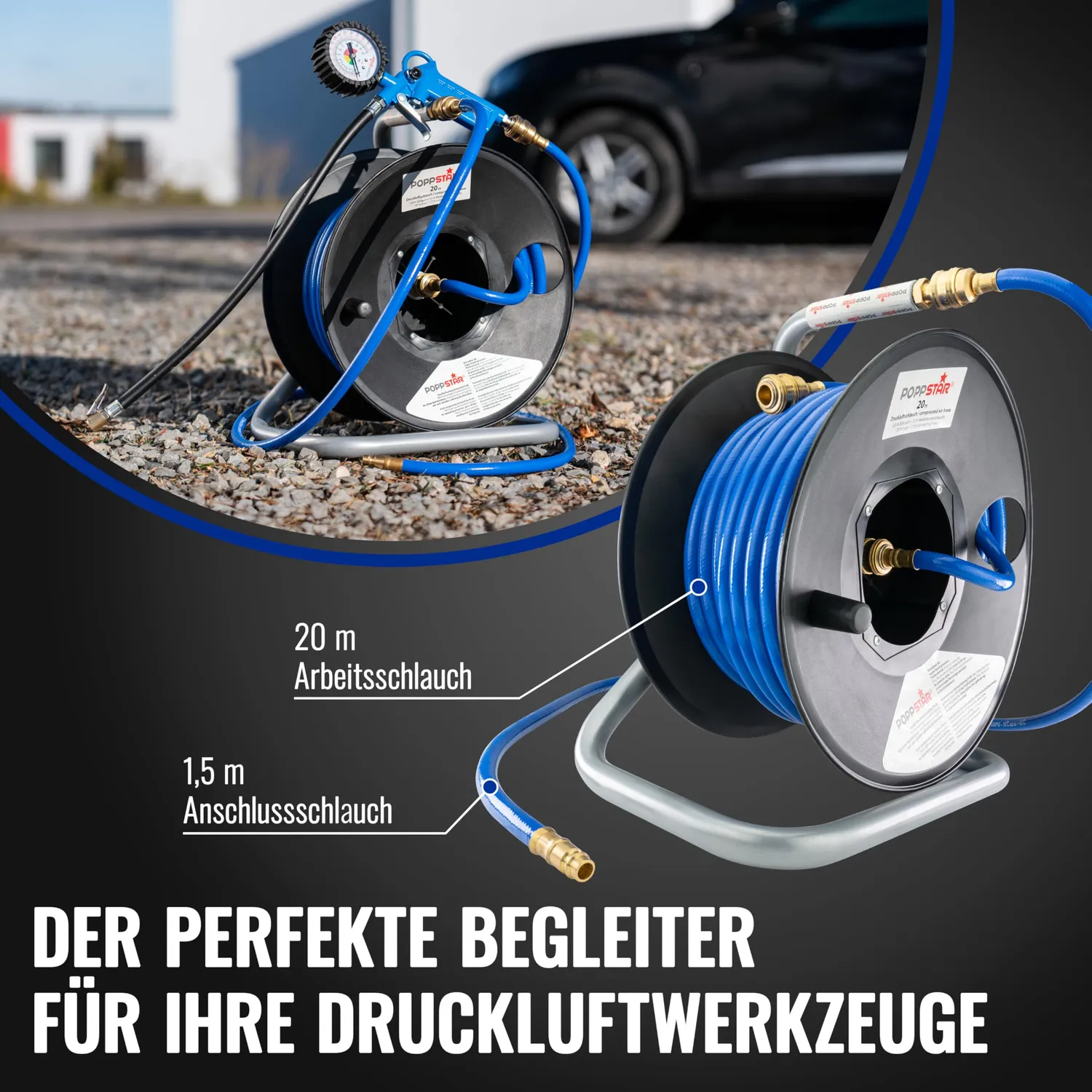 Poppstar Druckluftschlauchtrommel 20m+1,5m 1/4 Zoll