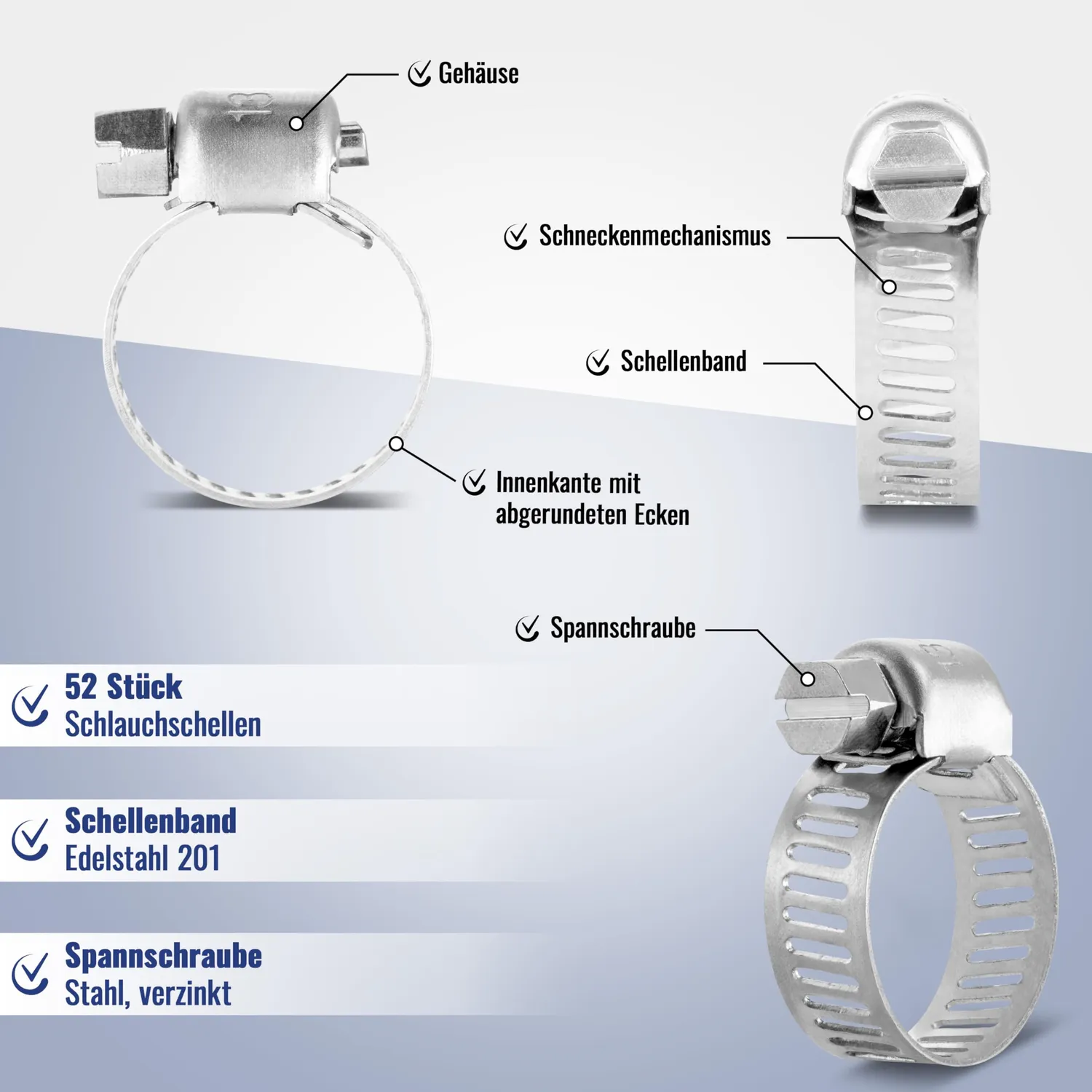 Poppstar Schlauchschellen Edelstahl 52er-Set 6-51mm