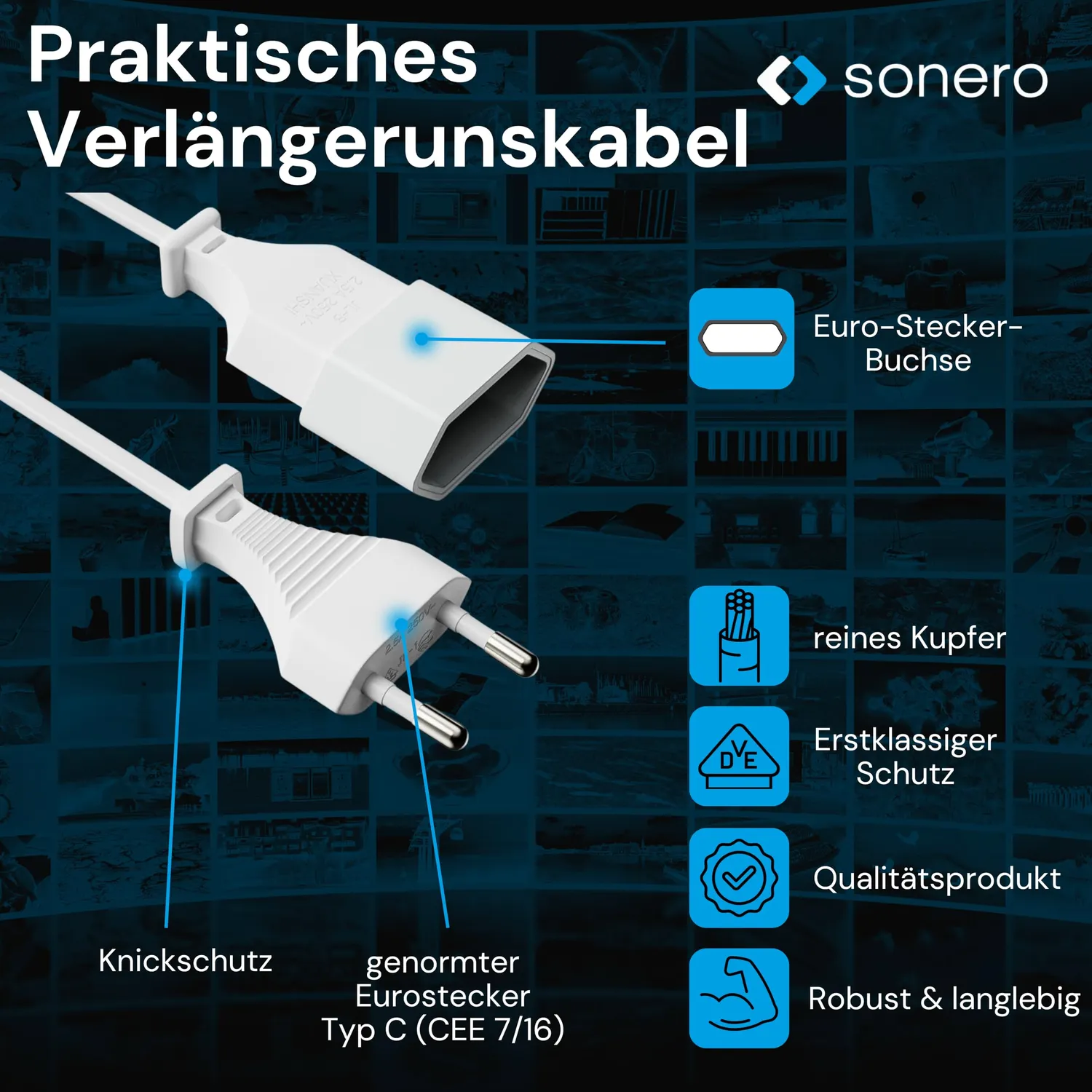 Sonero Euro Netzkabel Verlängerung 3m weiß Kupfer