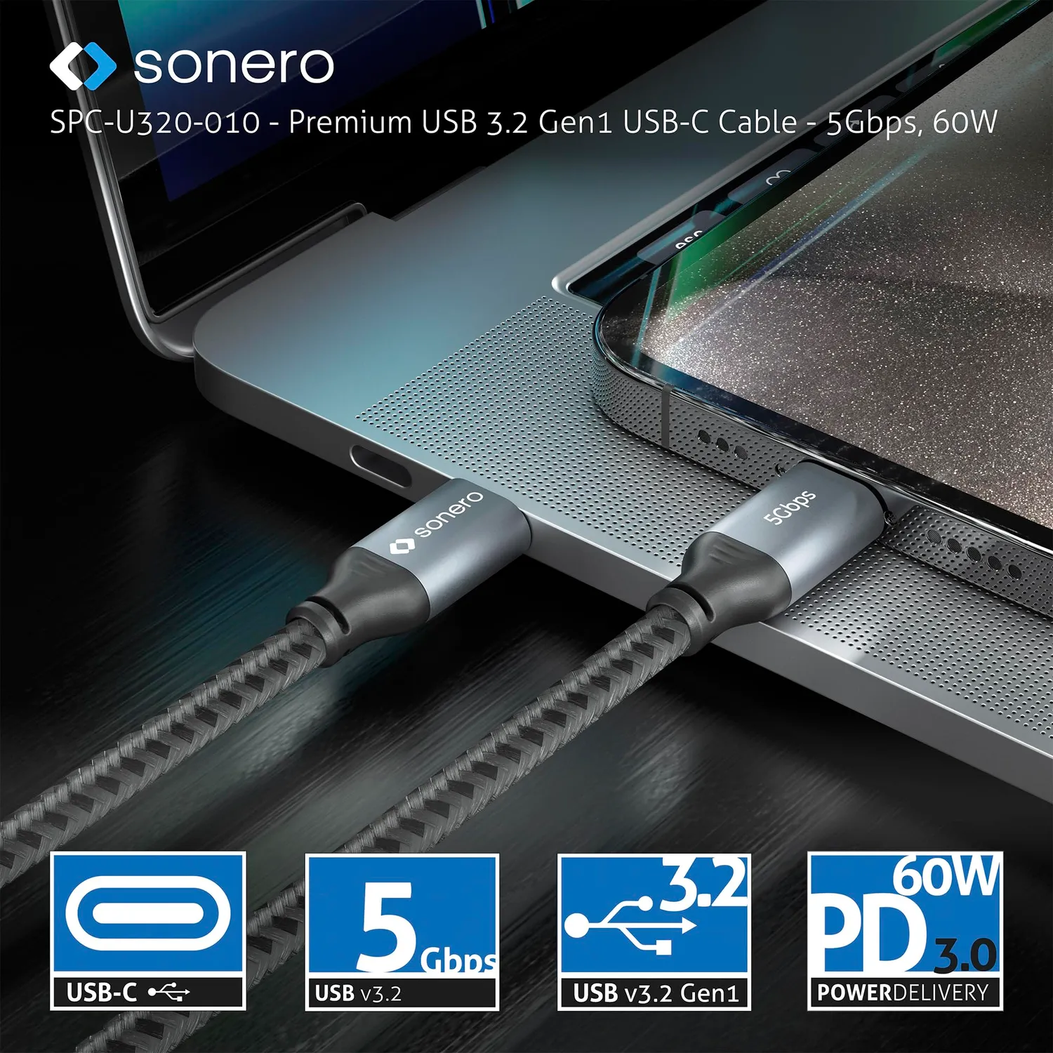 Sonero SPC-U320-010 USB-C Kabel 4K 60Hz 60W 1 m grau/schwarz