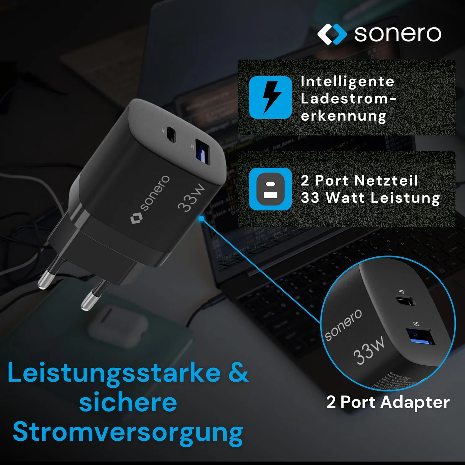 Sonero GaN USB-C Ladegerät 33W Netzteil schwarz 2-Port