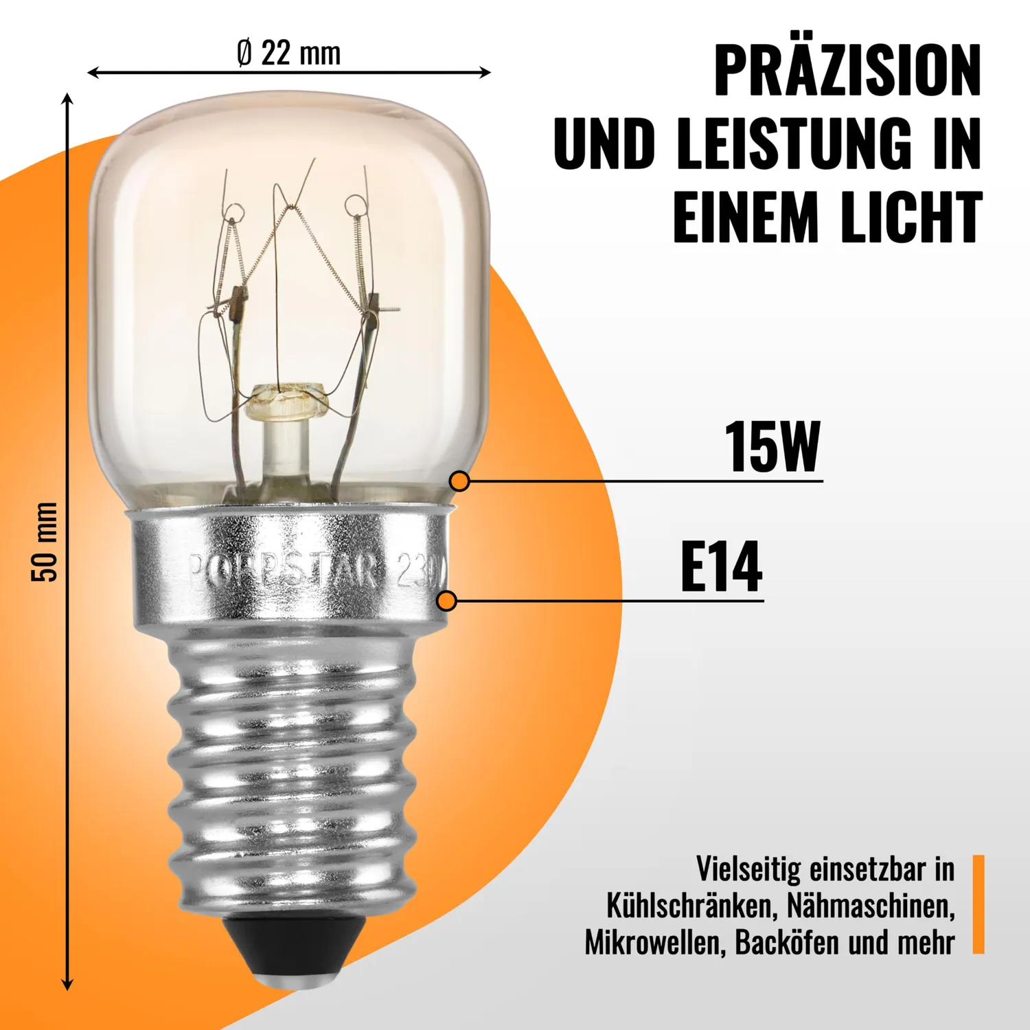 Poppstar T22 Backofenlampe E14 15W 2 Stück warmweiß
