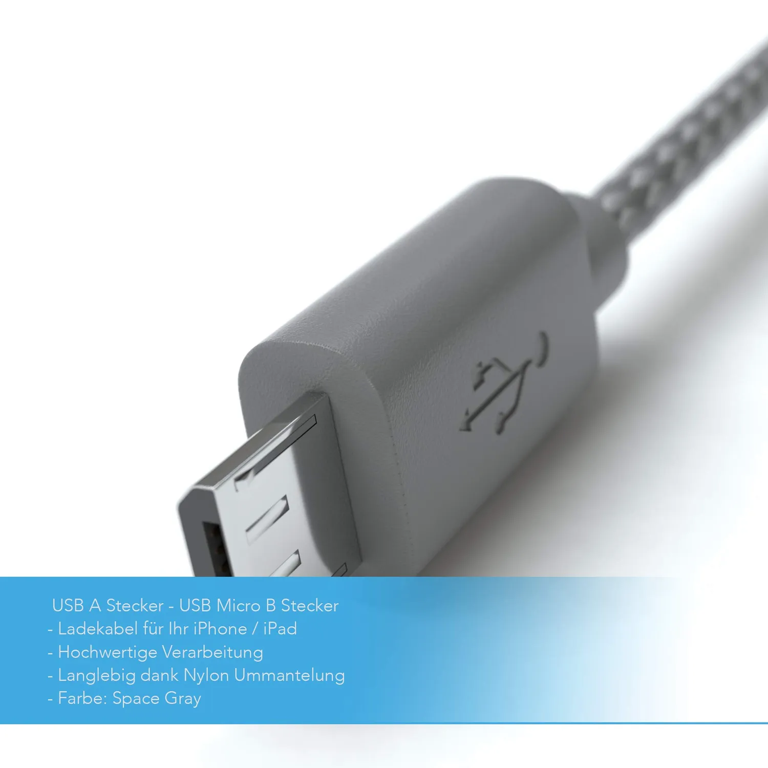 JAMEGA Micro USB Kabel 1m Nylon Space Grau 2,4A