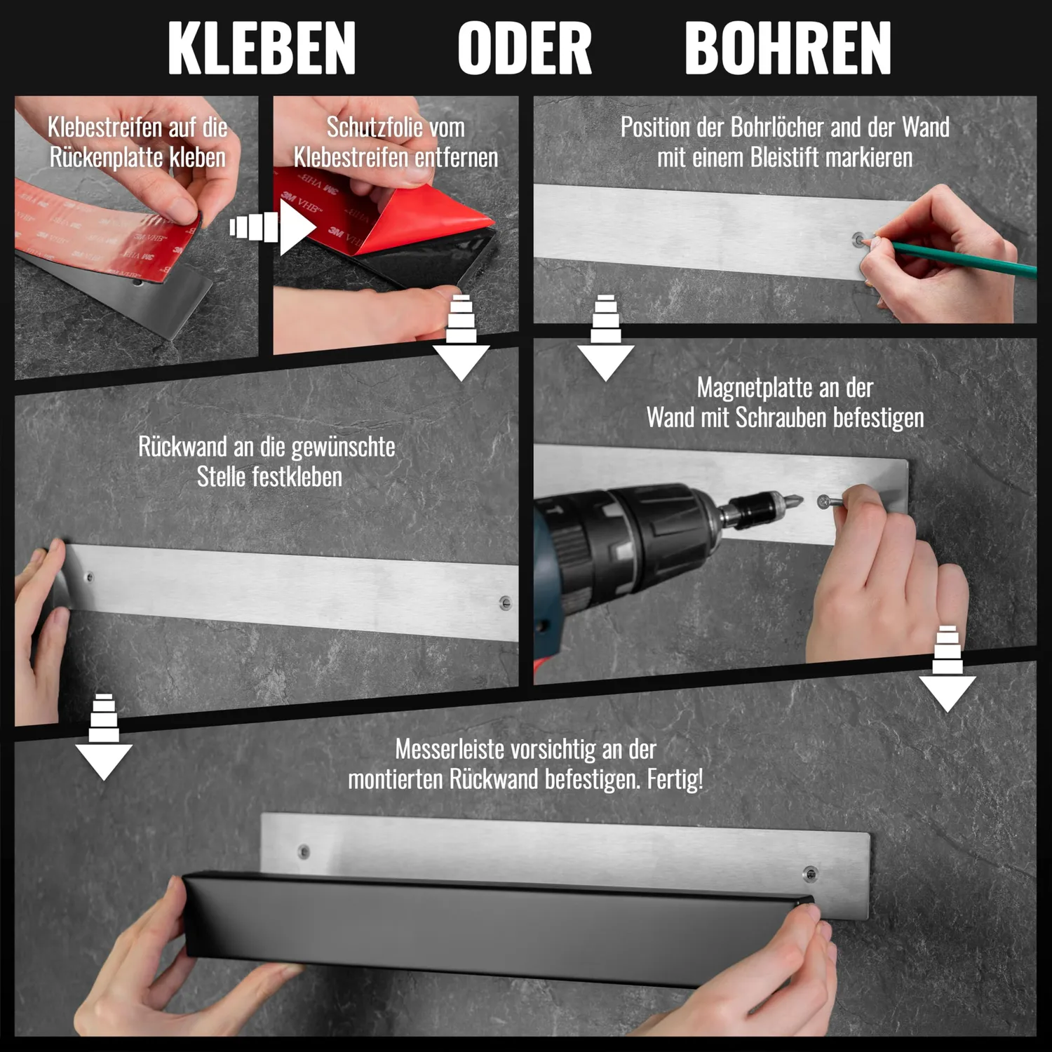 Poppstar Messer Magnetleiste Edelstahl 40 cm Schwarz