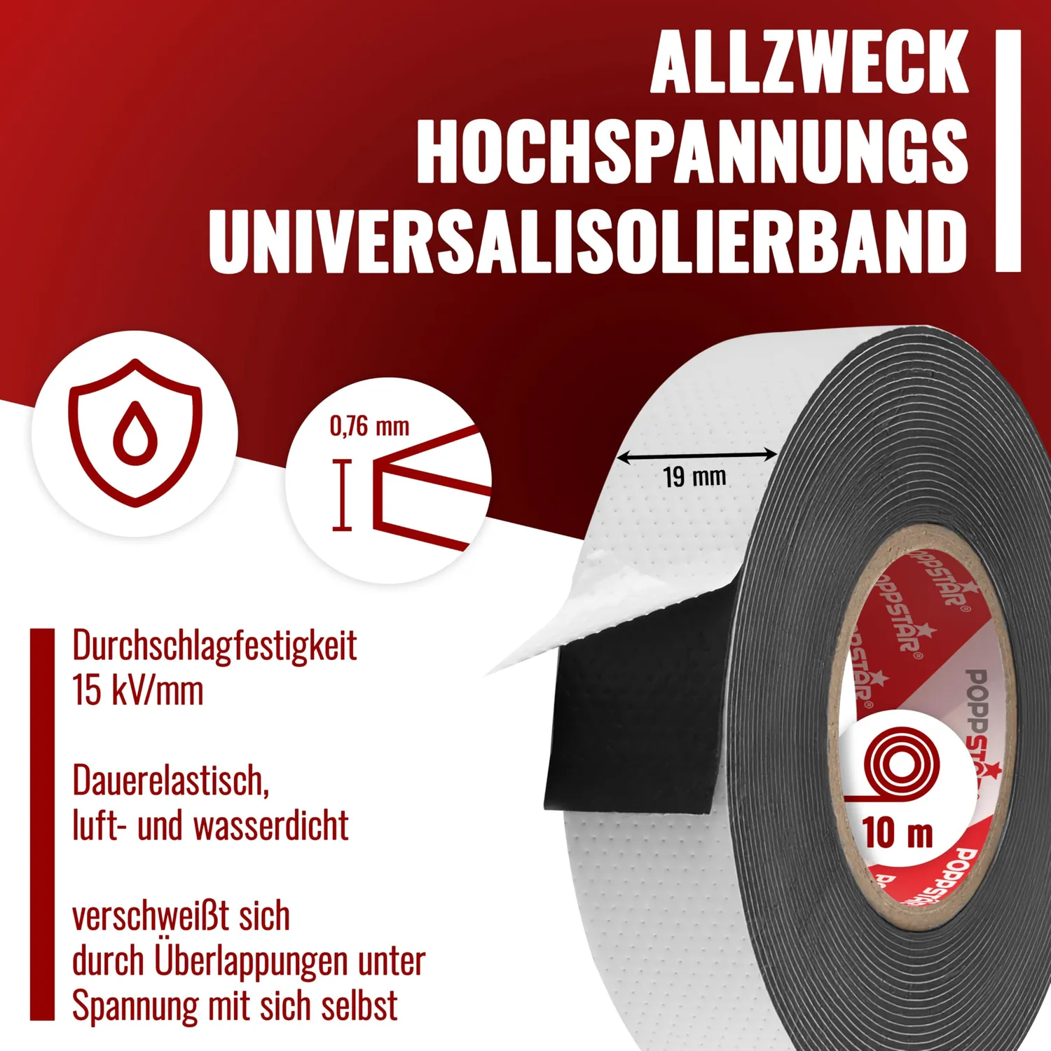 Poppstar Universal Isolierband 10m 19mm schwarz selbstverschweißend