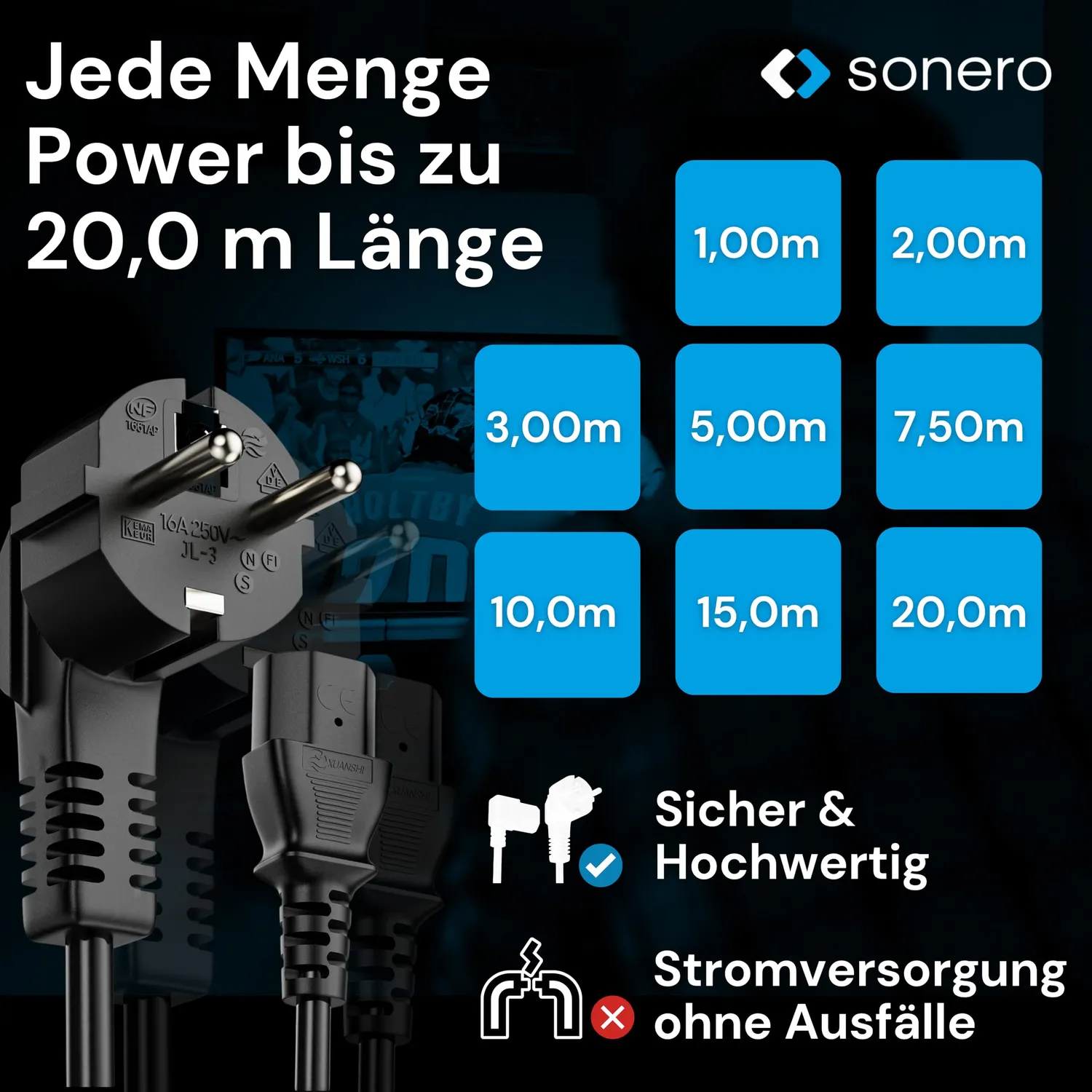 Sonero X-SKW-C13G-150B Kaltgerätekabel 15 m Winkel schwarz