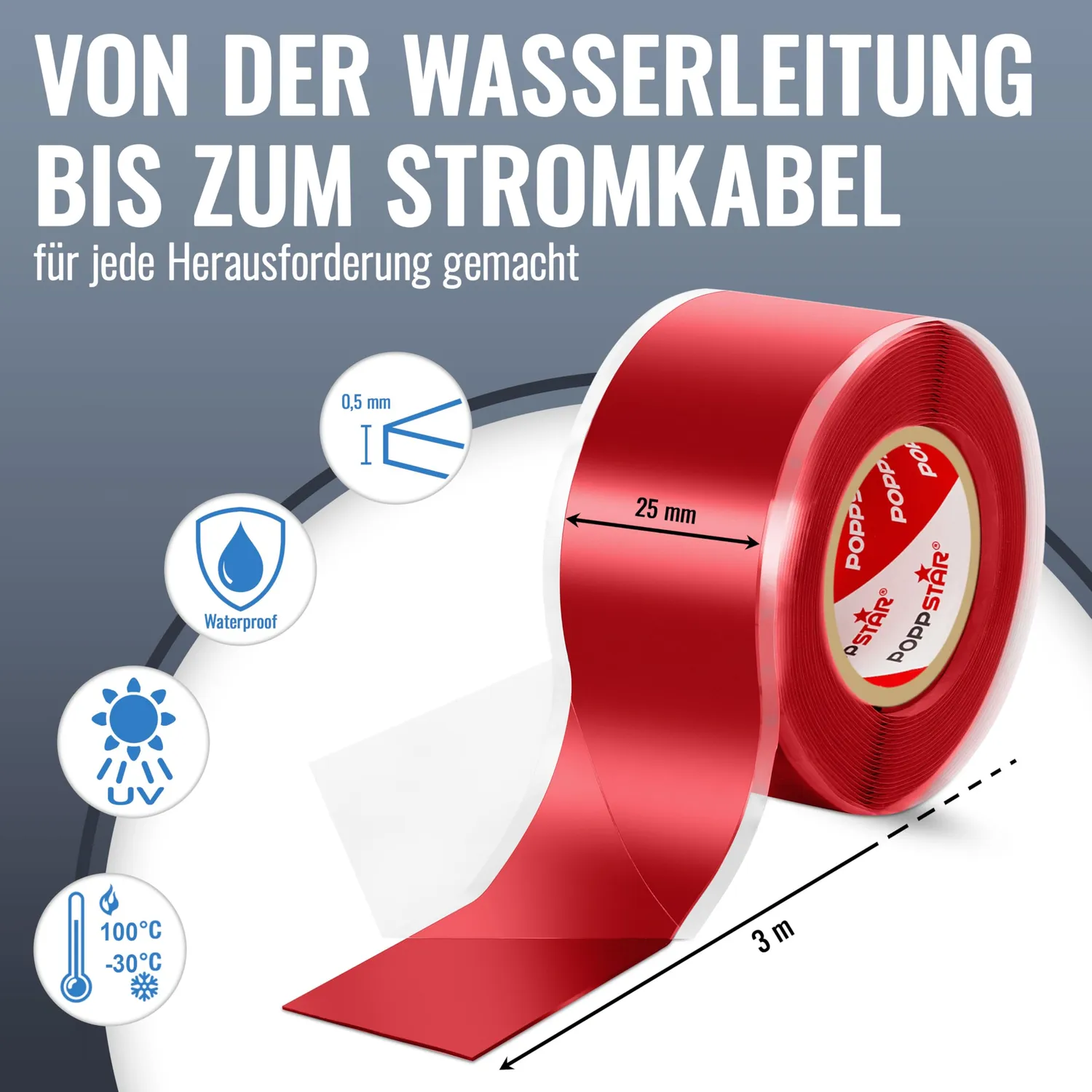 Poppstar Silikonband selbstverschweißend 3 m rot 25 mm
