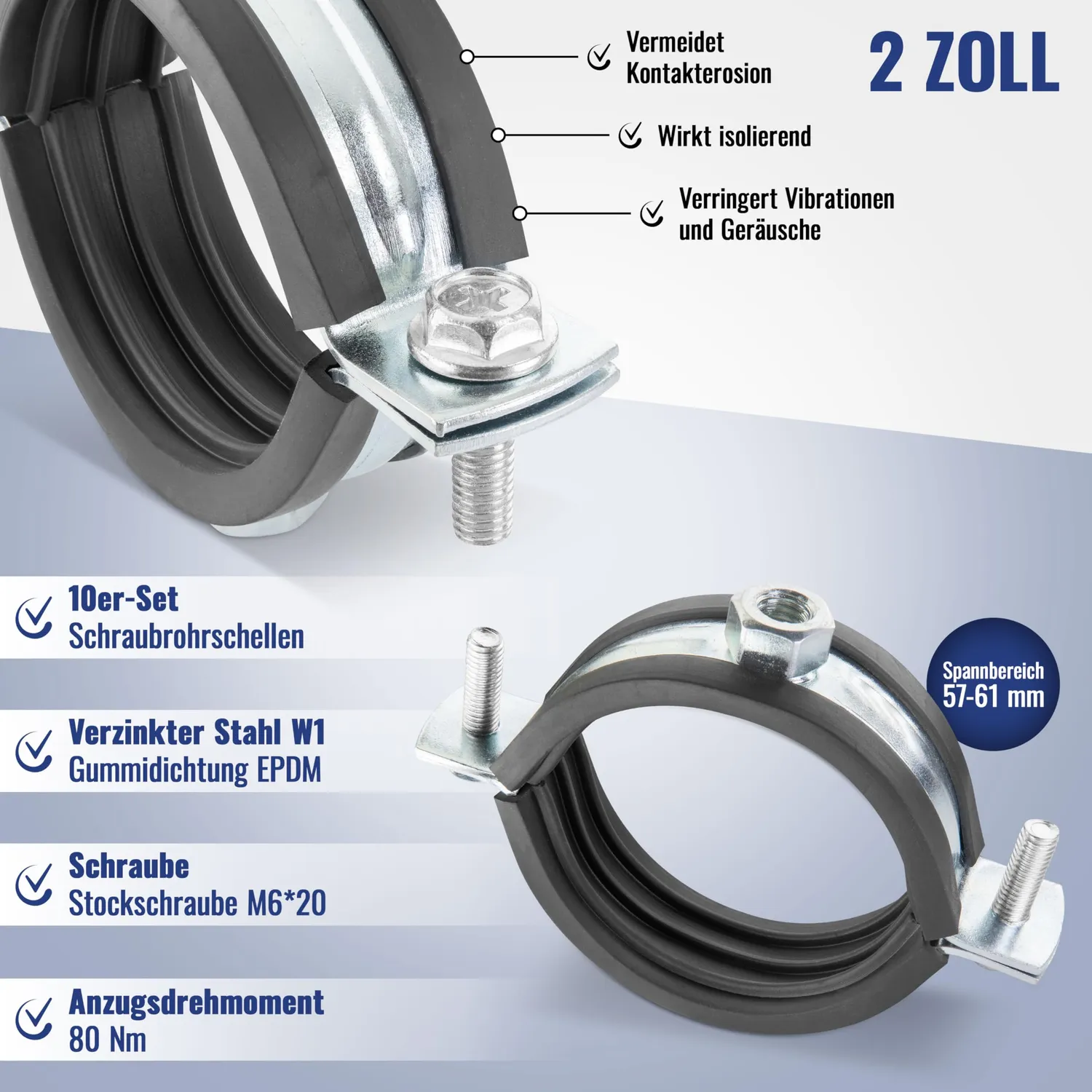 Poppstar Rohrschellen 57-61 mm 10er Set verzinkt mit Gummi