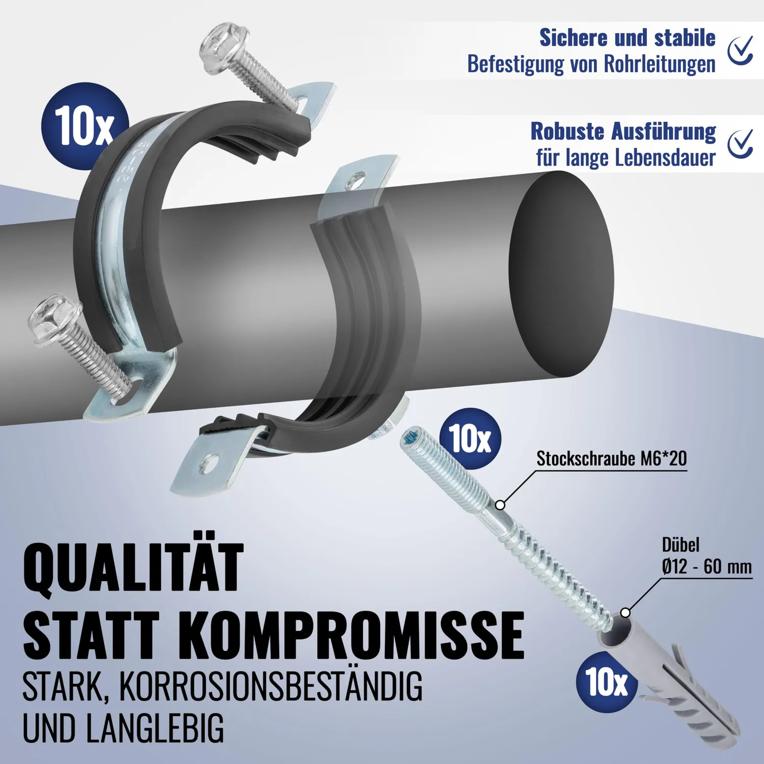 Poppstar Rohrschellen 57-61 mm 10er Set verzinkt mit Gummi