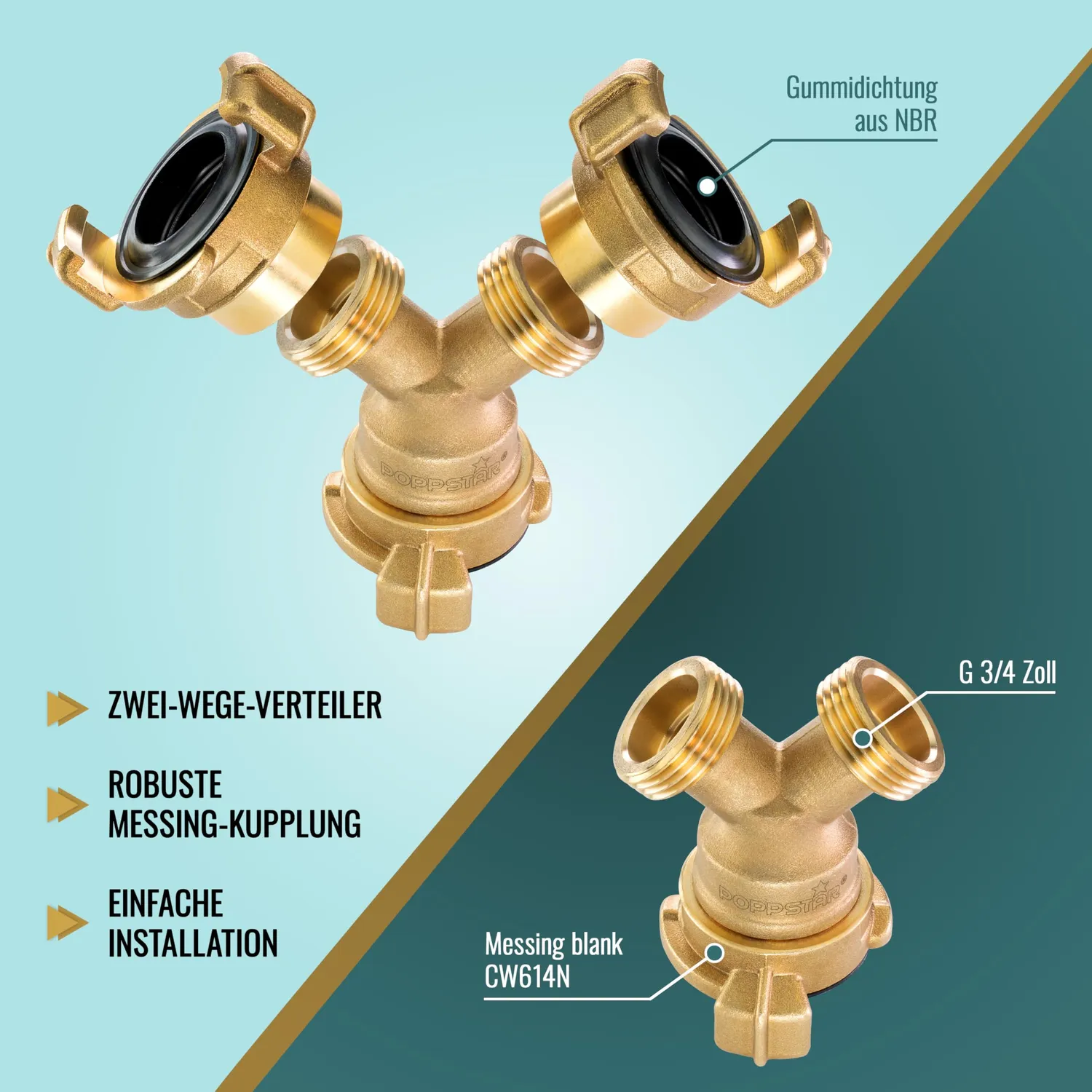 Poppstar Y-Verteiler 3/4 Zoll Messing 2-Wege Bajonett