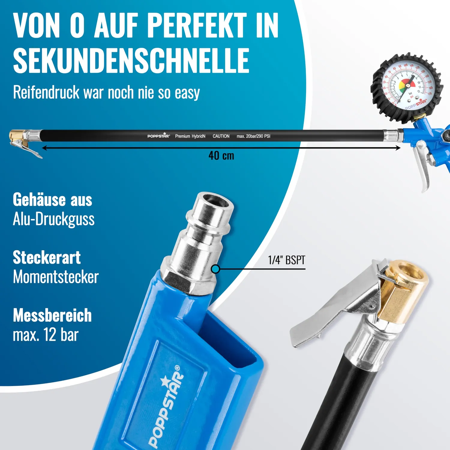 Poppstar Reifenfüller Manometer 0-12 bar 40 cm