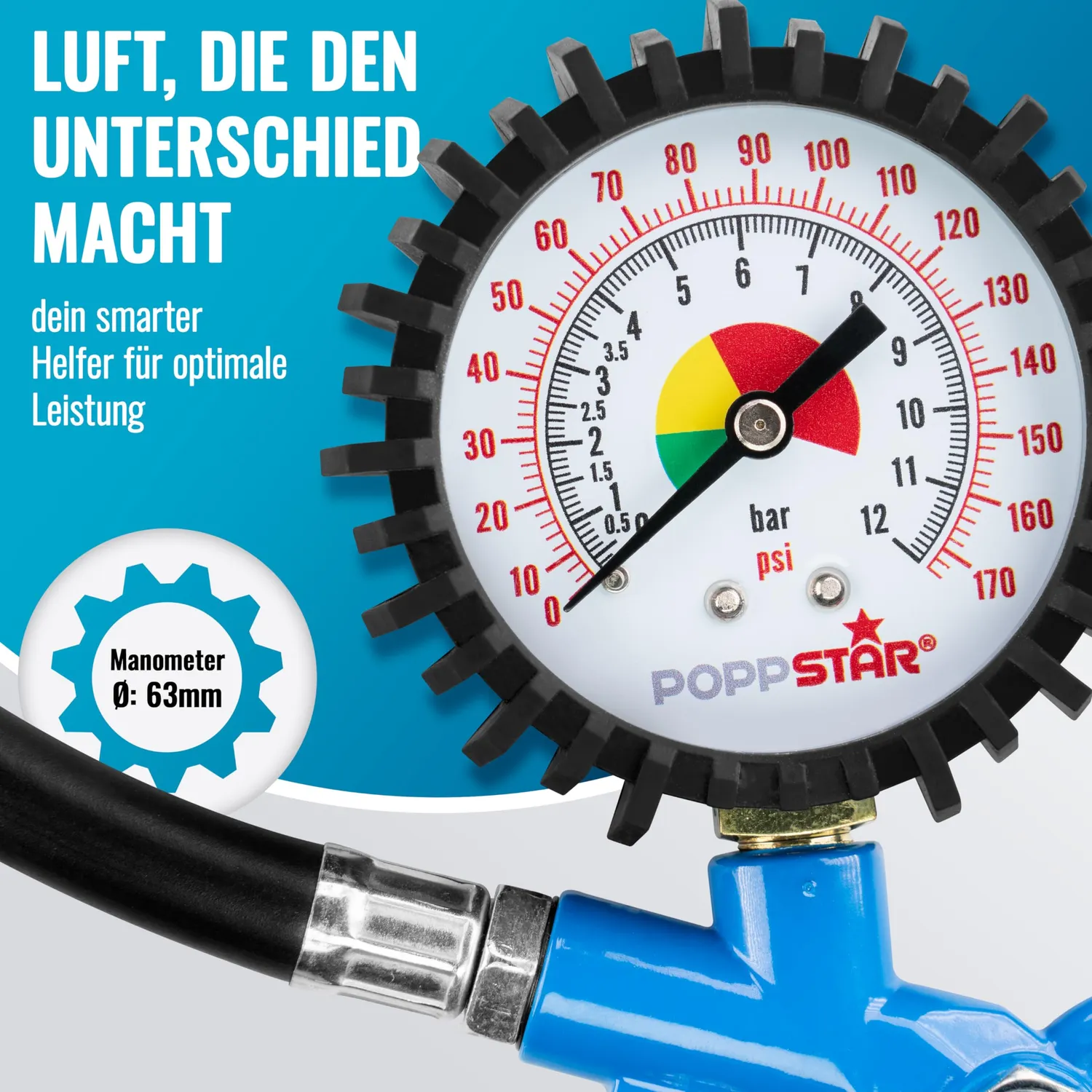 Poppstar Reifenfüller Manometer 0-12 bar 40 cm