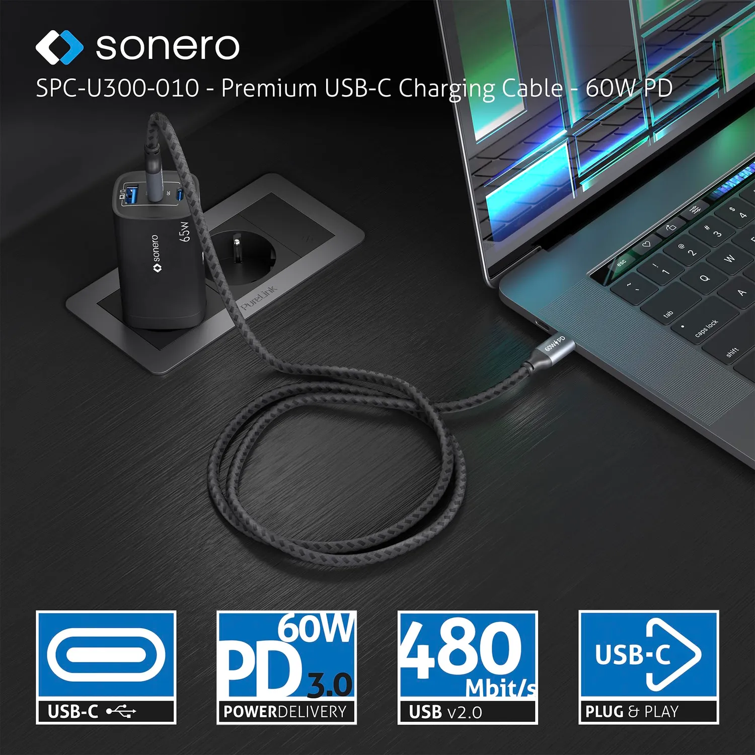 Sonero SPC-U300-030 USB-C Kabel 3 m grau/schwarz 60W